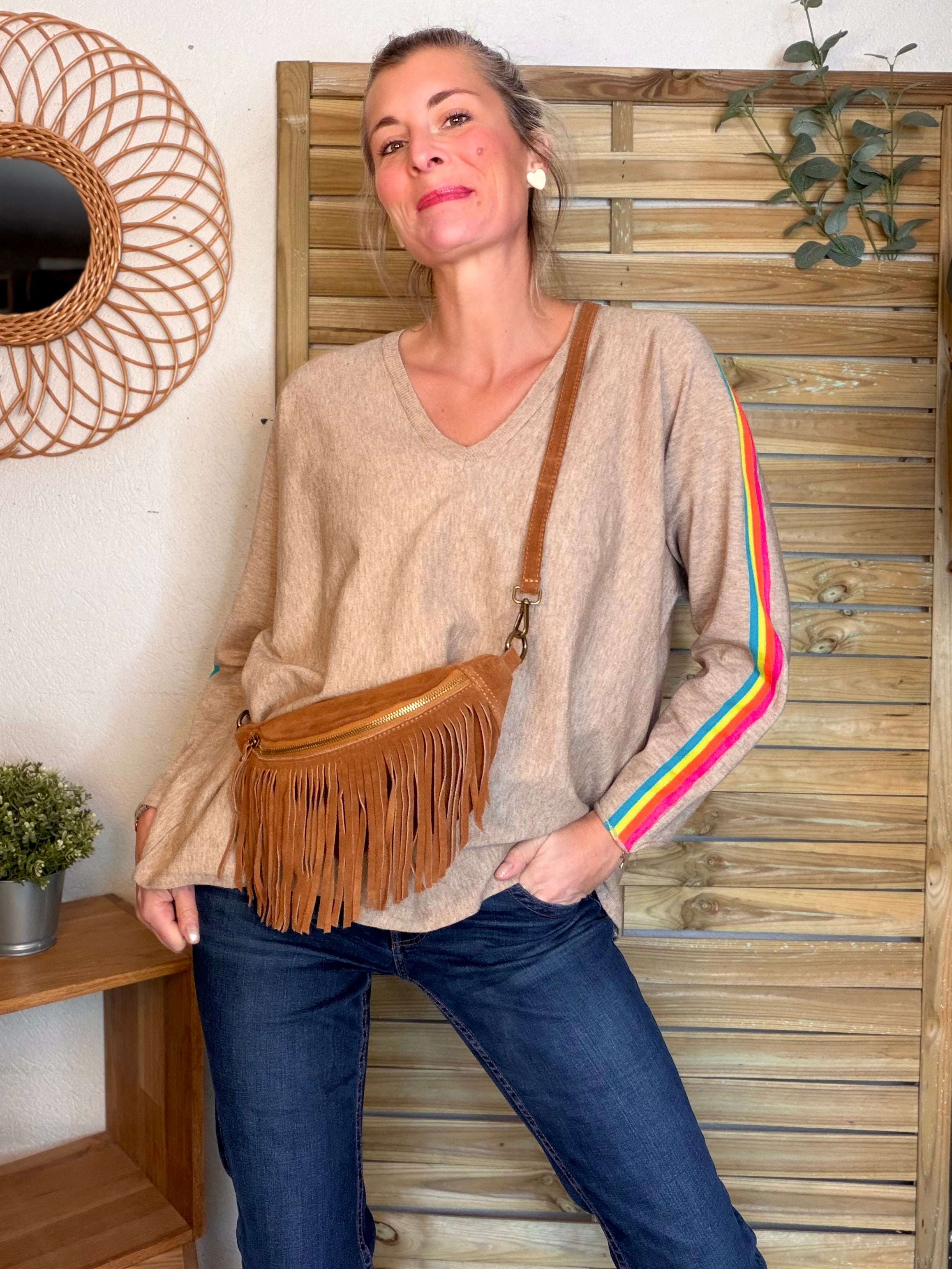 Sac banane avec franges en cuir daim - PIETRA - Camel