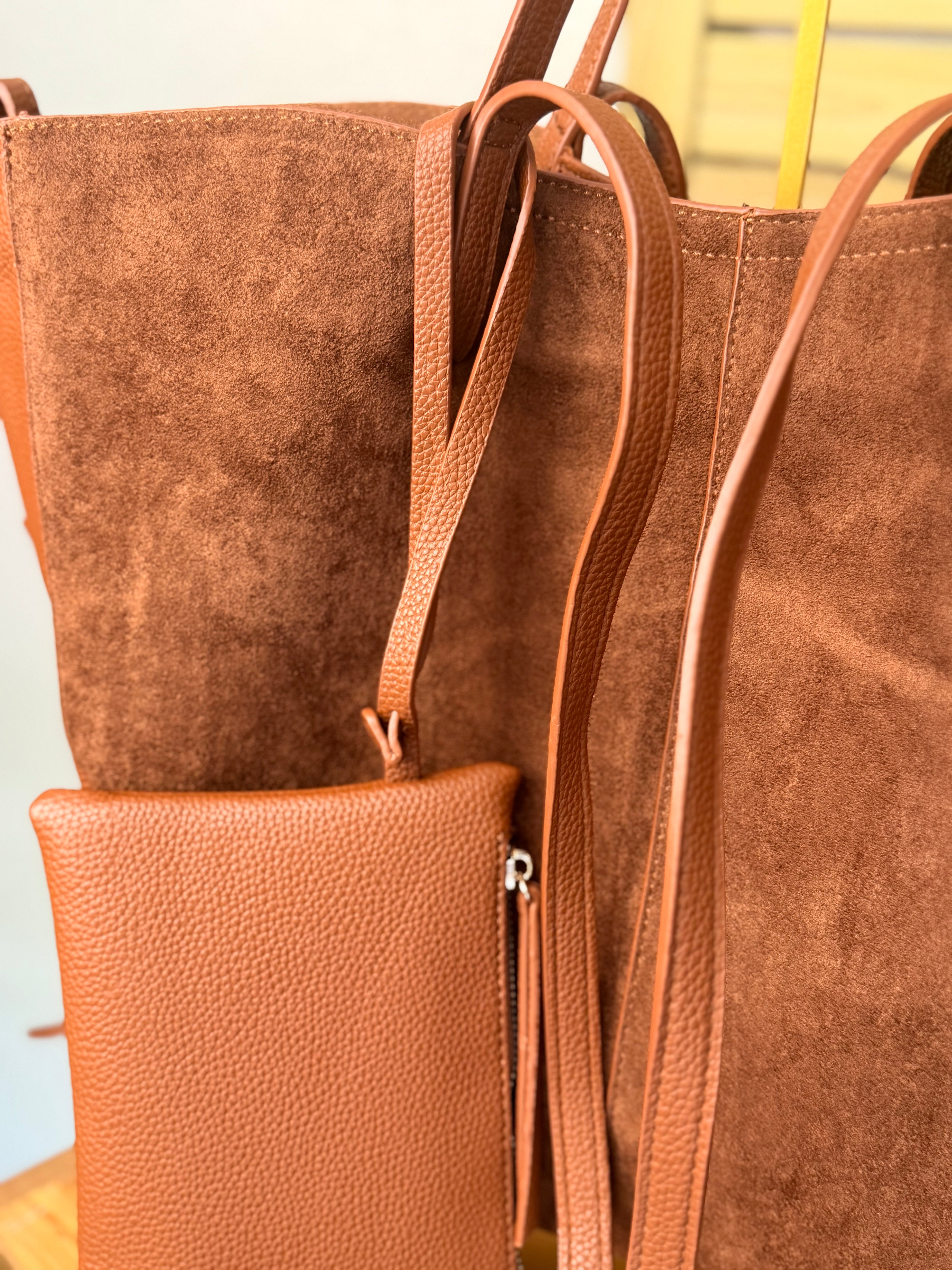 Grand Sac cabas 2 en 1 en simili daim - PAULE Camel