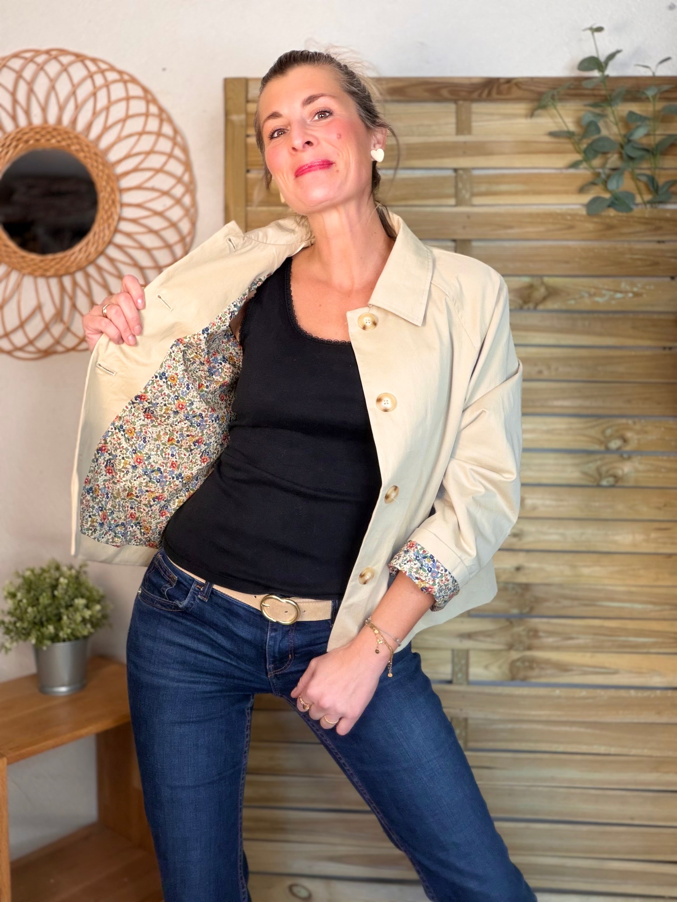 Veste Trench en coton beige avec Liberty - MARION (Taille 2 ans à la Taille L)