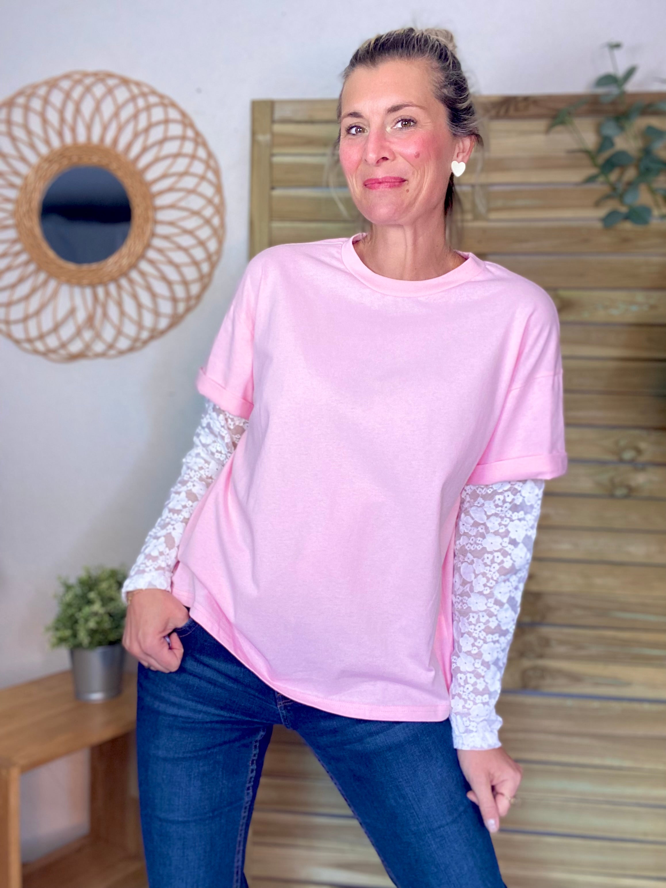 Tee shirt avec manches longues dentelle PAMELA - Rose