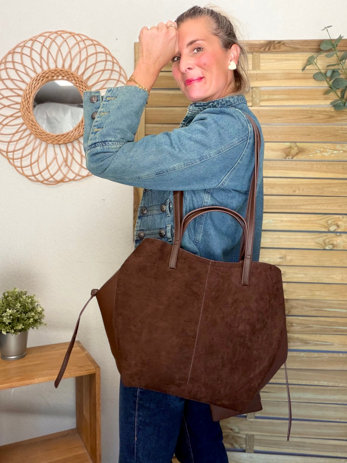 Grand Sac cabas 2 en 1 en simili daim - PAULE Chocolat