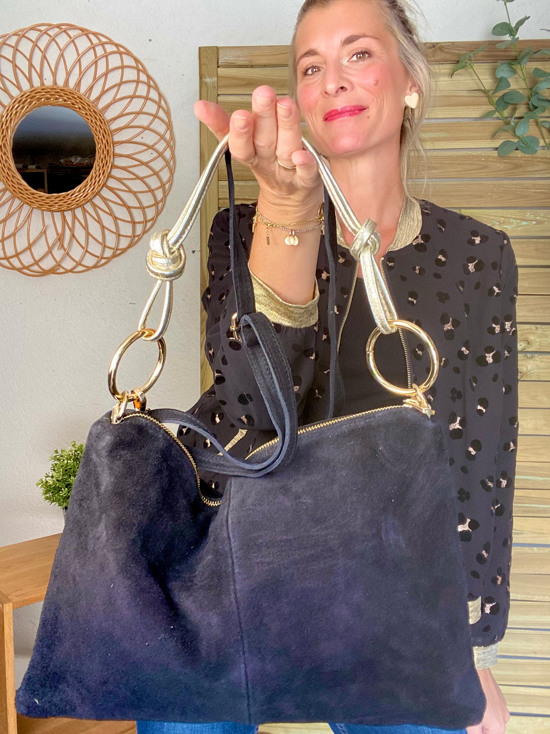 ⚡️PÉPITES FRIDAY - Sac en cuir daim 2 bandoulières (or et noir) - Noir - PACEY