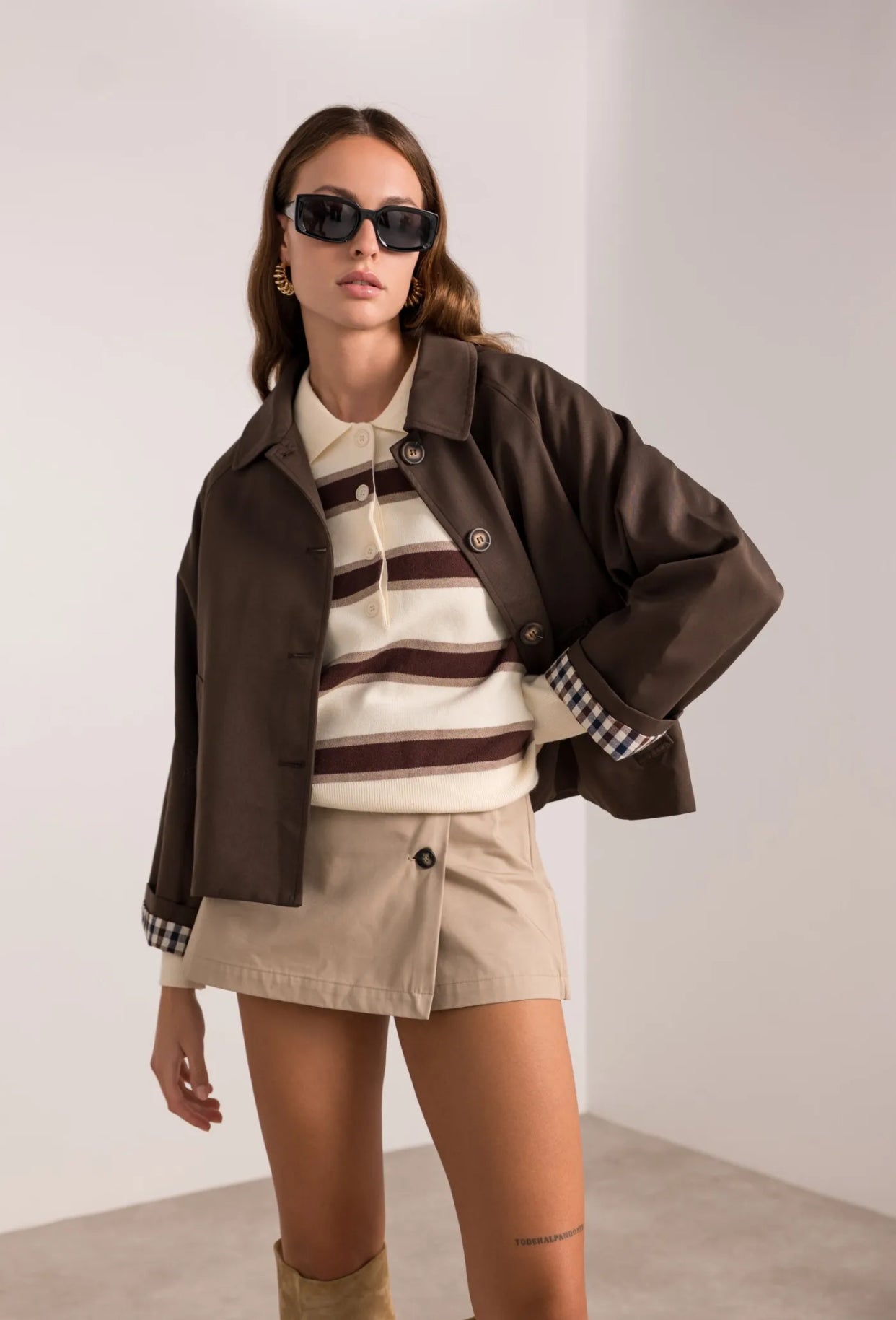 Veste Trench en coton avec vichy - YSEULT court Chocolat