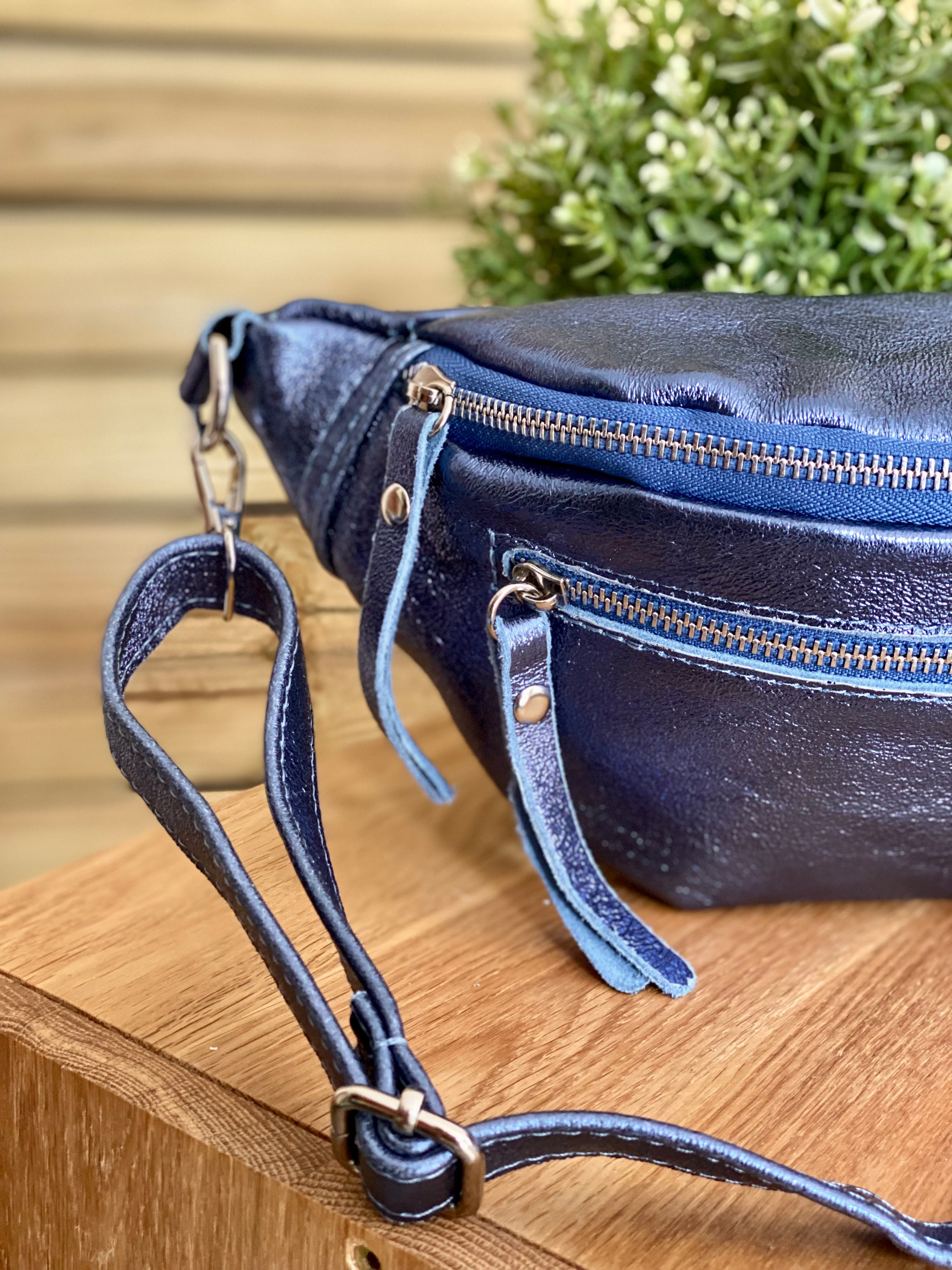 Sac banane en cuir irisé double poche - OPALE  - Bleu jean