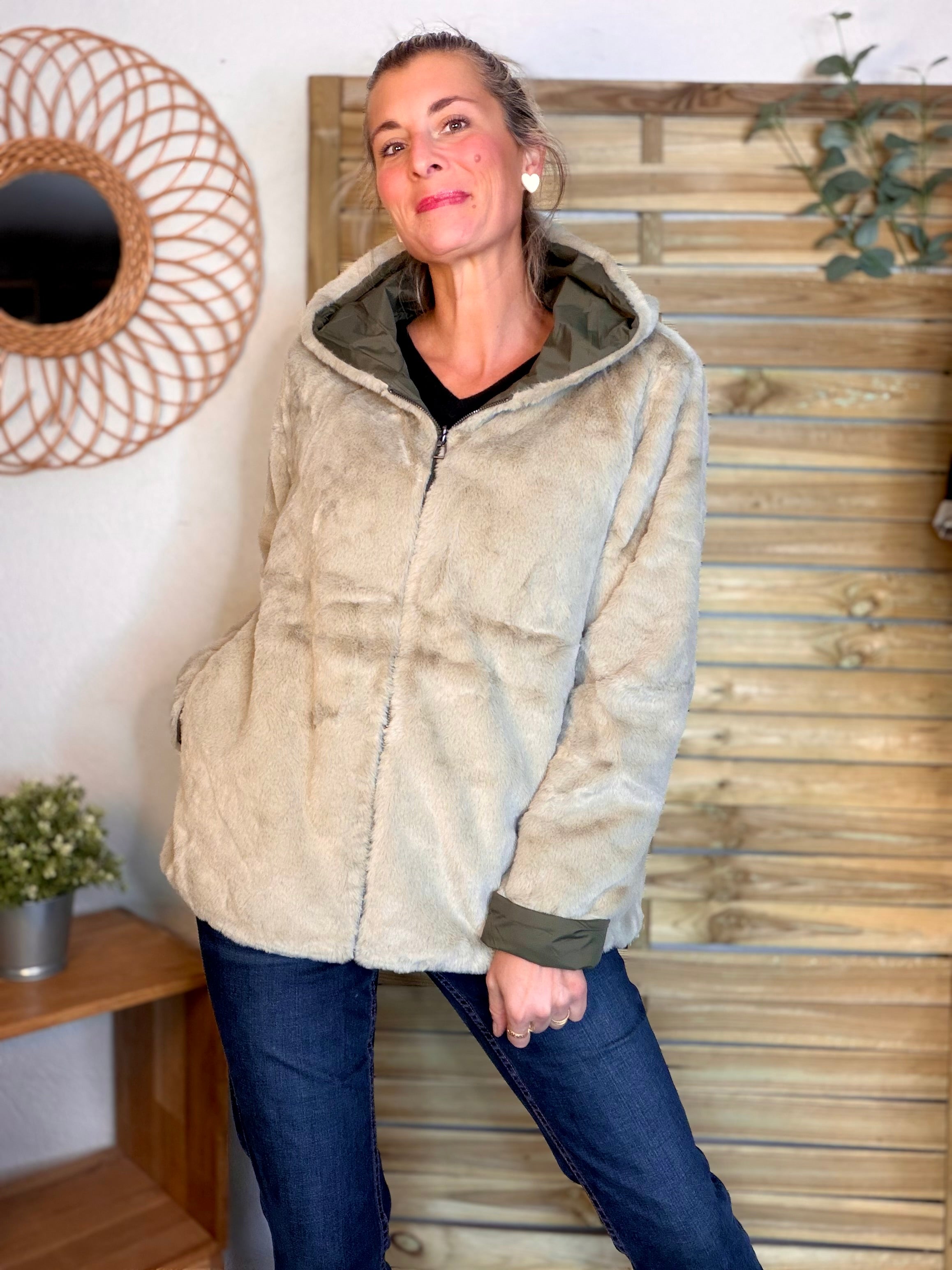 Parka Imperméable réversible fourrée Kaki / Beige ALIX Court - LAURA JO