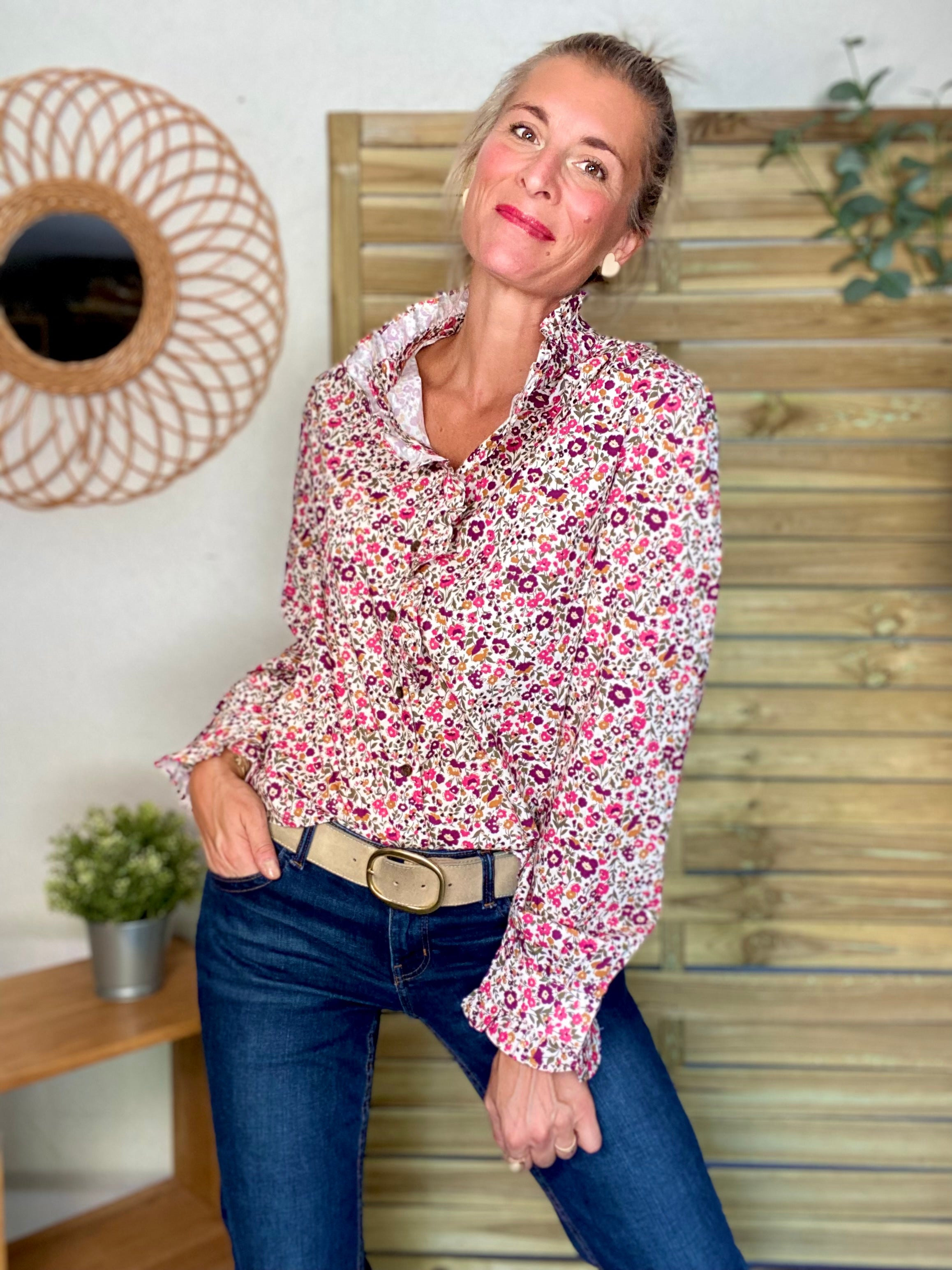 Chemise imprimé Liberty rose, col victorien volanté HÉLOÏSE