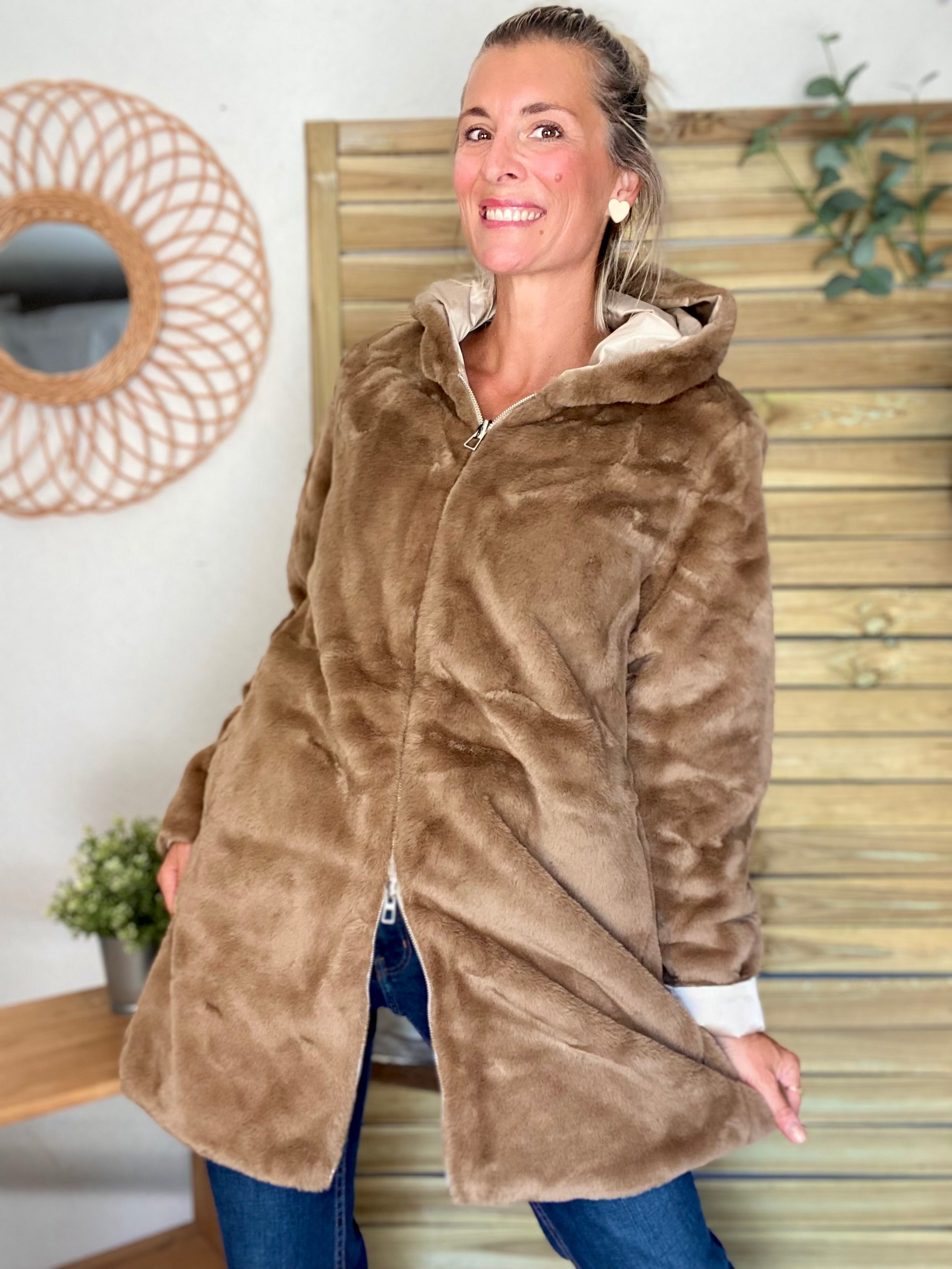 Parka Imperméable réversible fourrée Sable irisé / Camel ALIX - LAURA JO