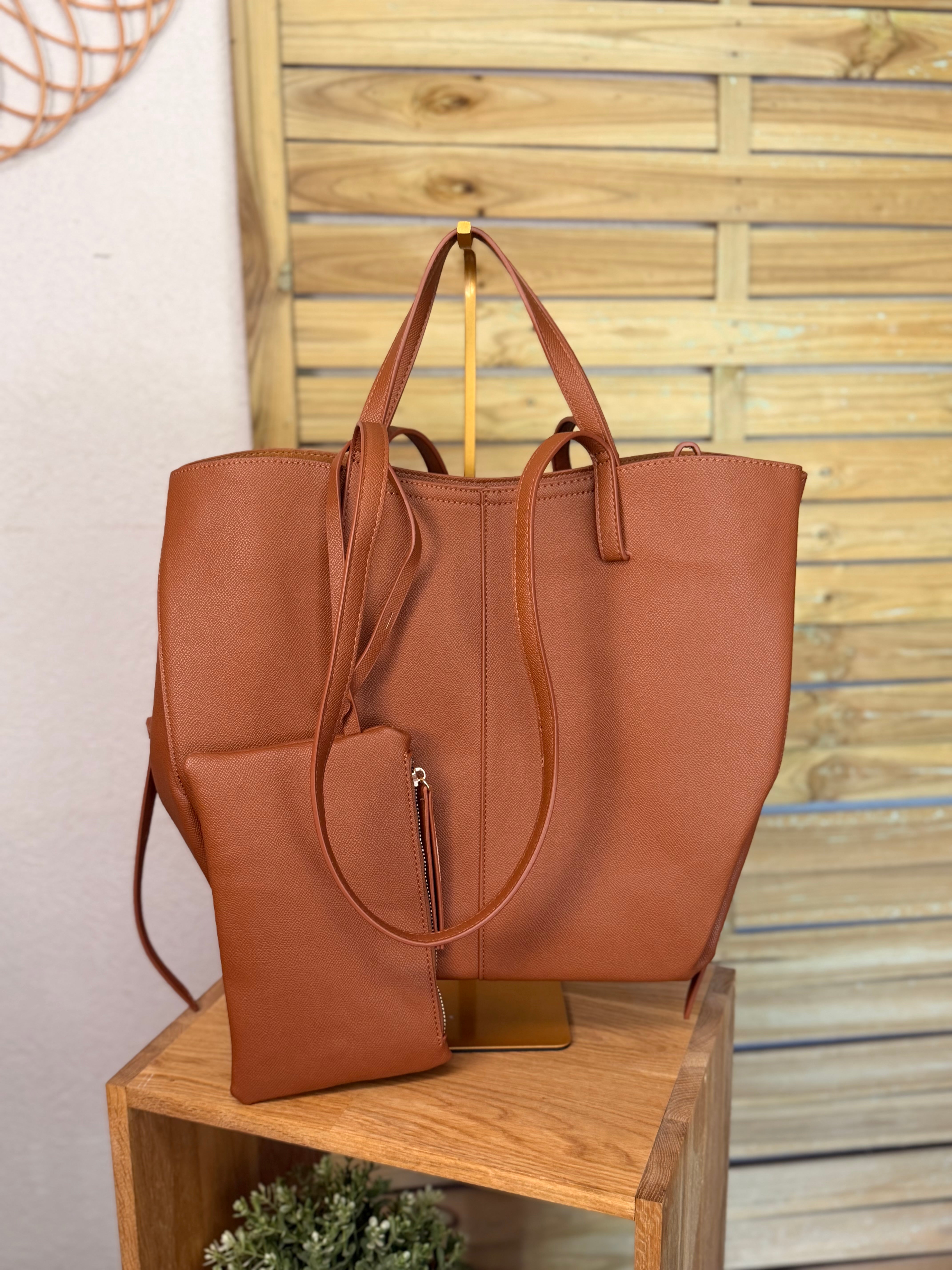 Grand Sac cabas 2 en 1 en simili cuir grainé - PAULE Camel