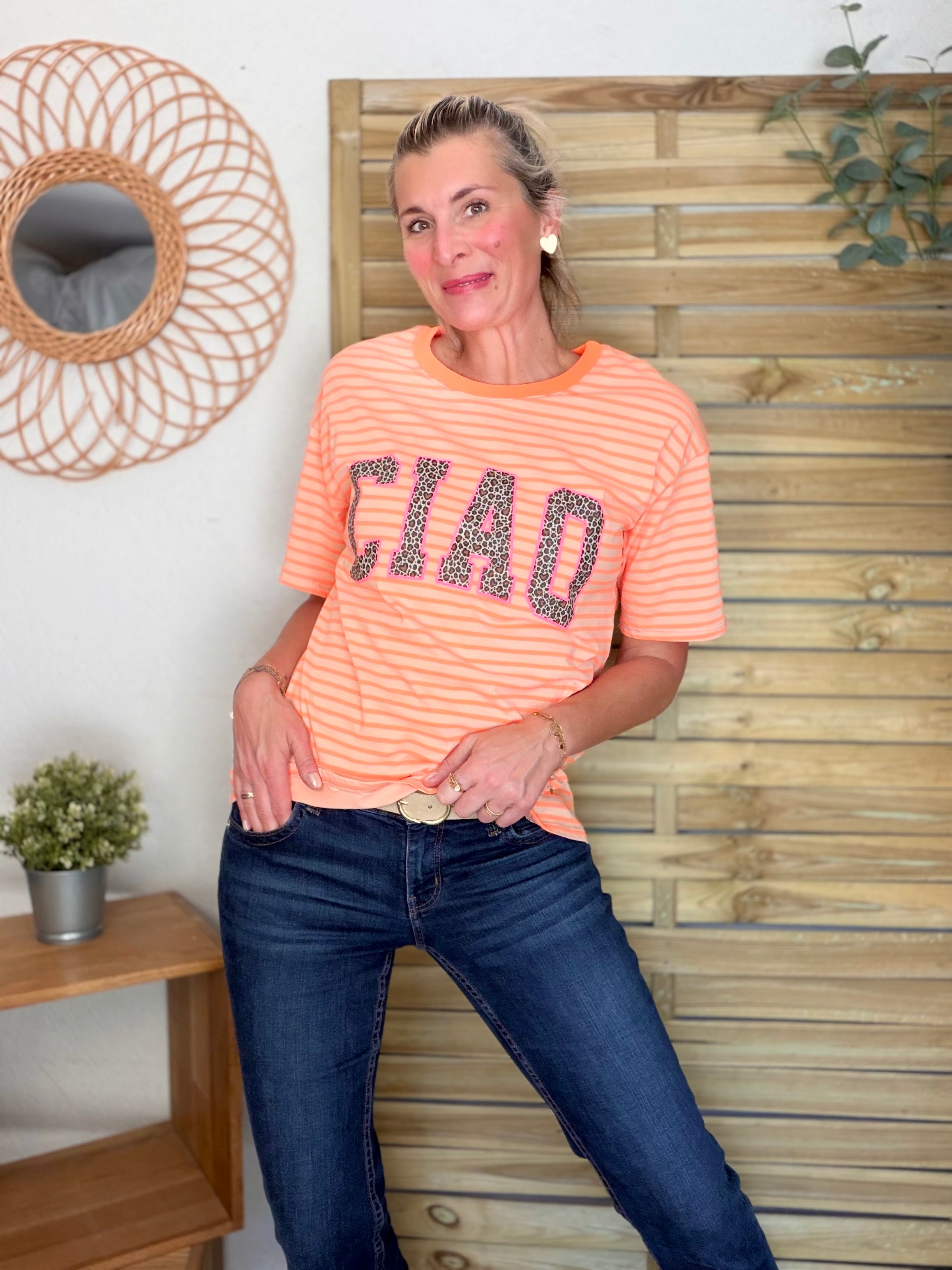 Tee shirt rayé CIAO Léo Orange fluo