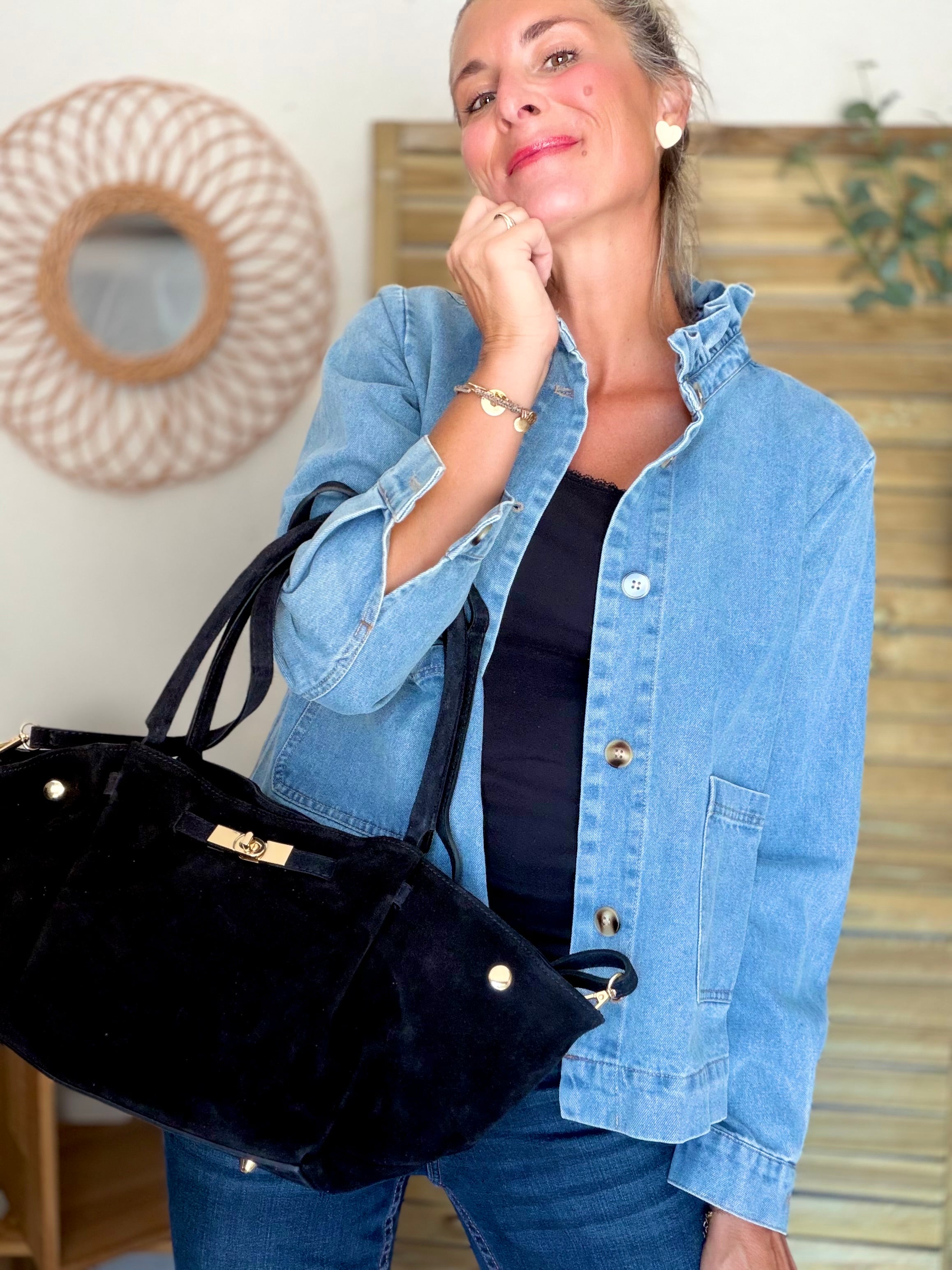 Sac cabas en cuir daim HANA - Noir