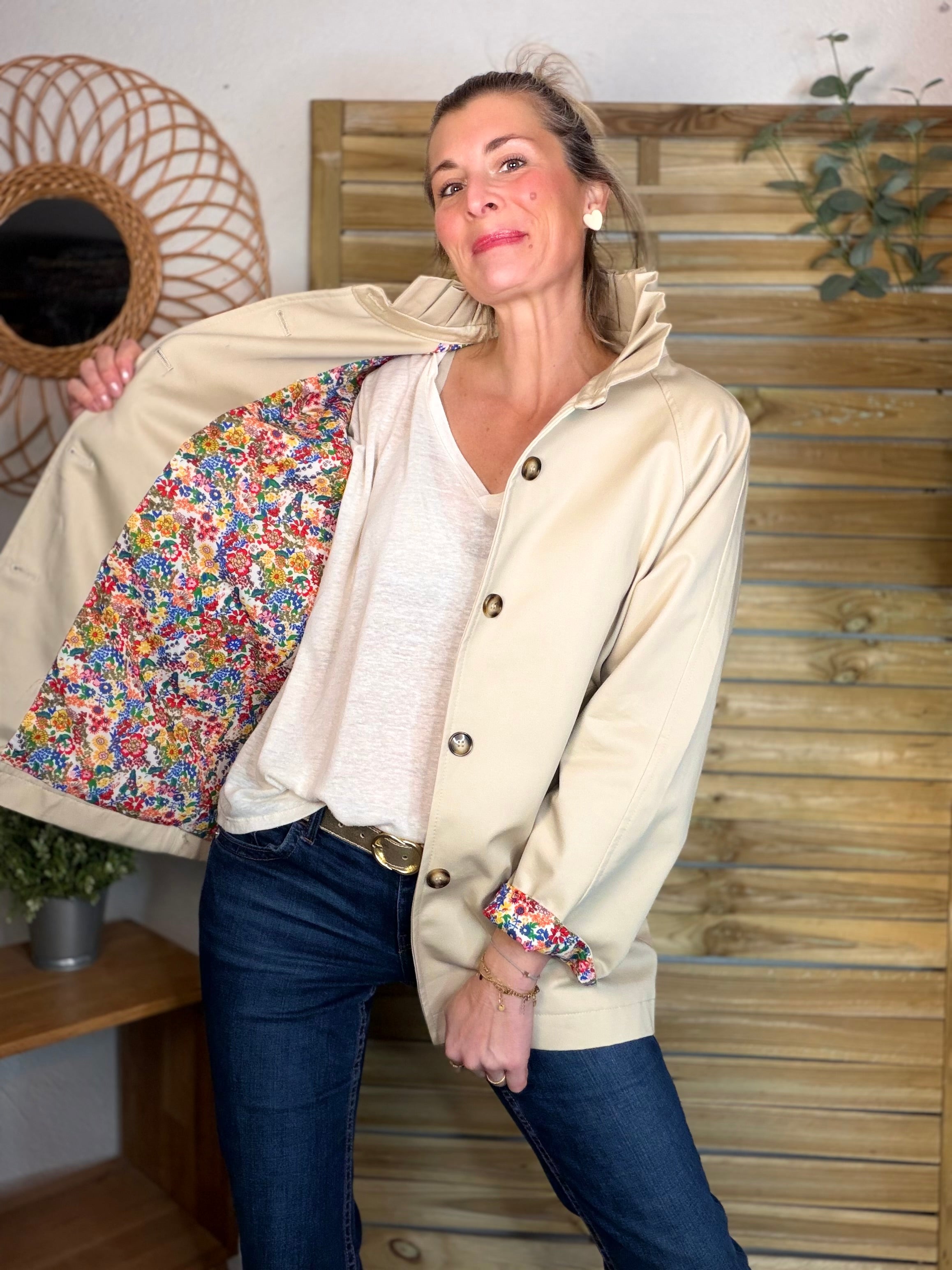 Veste Trench mi-long col victorien avec Liberty - ANDY Beige