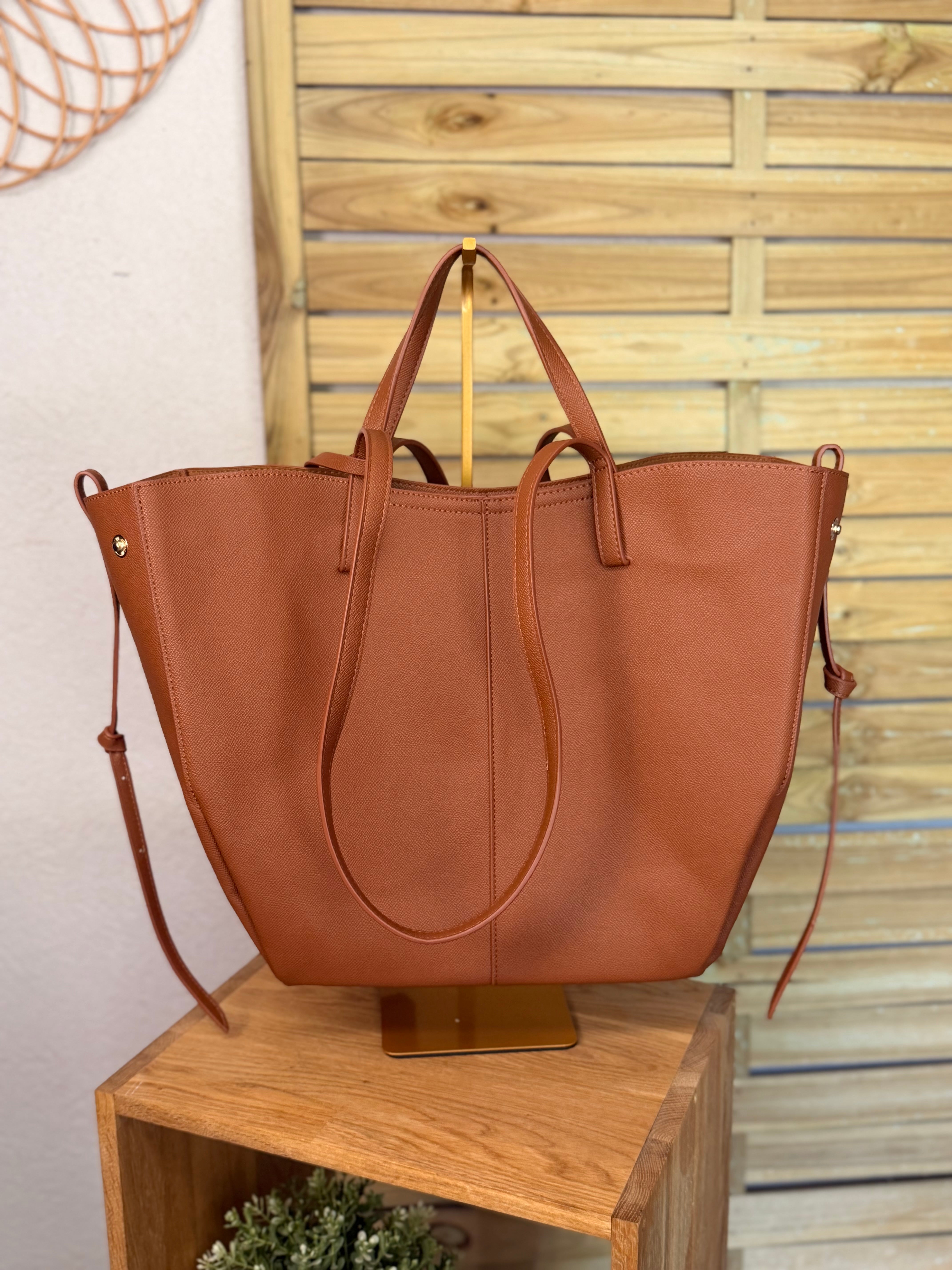 Grand Sac cabas 2 en 1 en simili cuir grainé - PAULE Camel