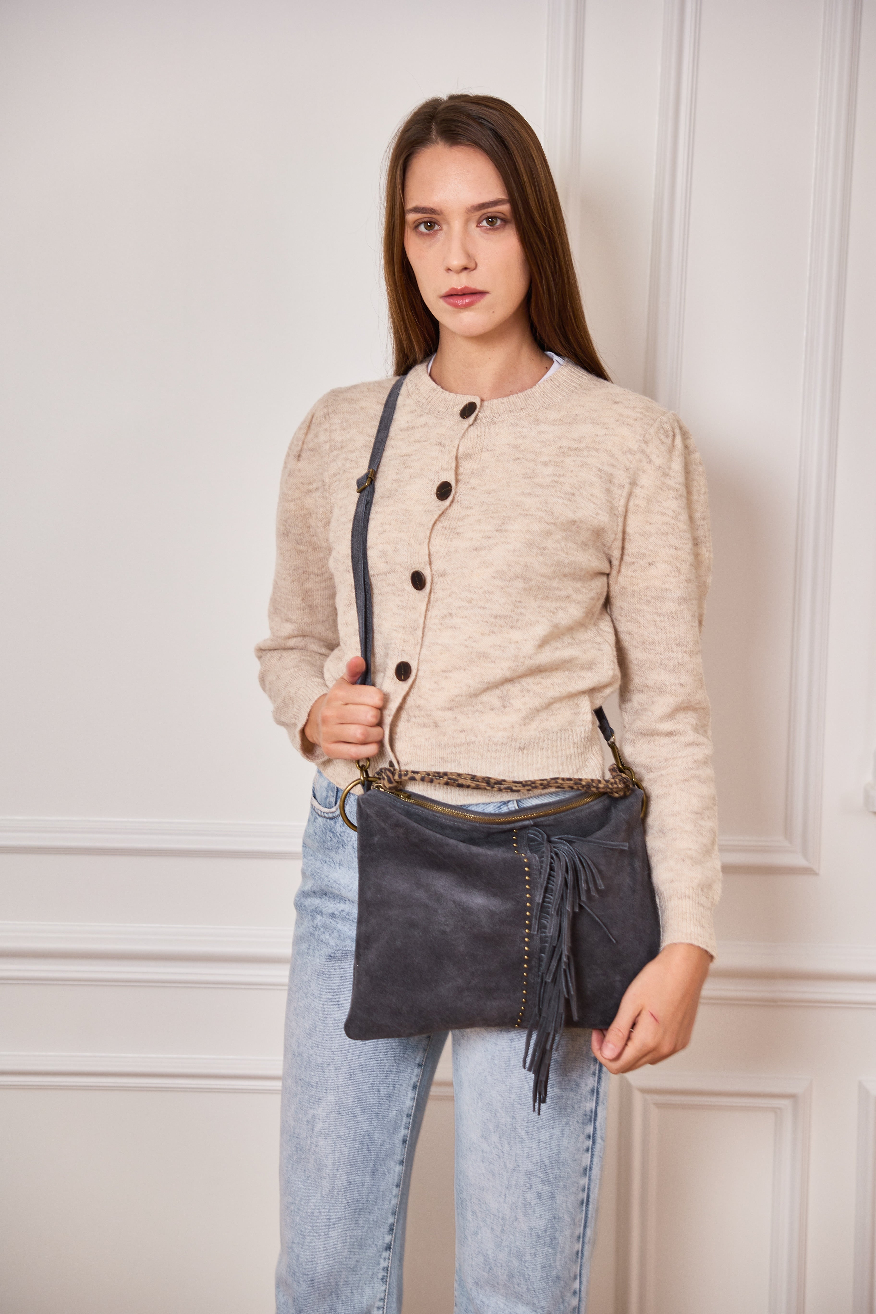 ⚡️PÉPITES FRIDAY - Sac en cuir daim 2 bandoulières (Léo et gris) - Gris foncé - BROOKLYN