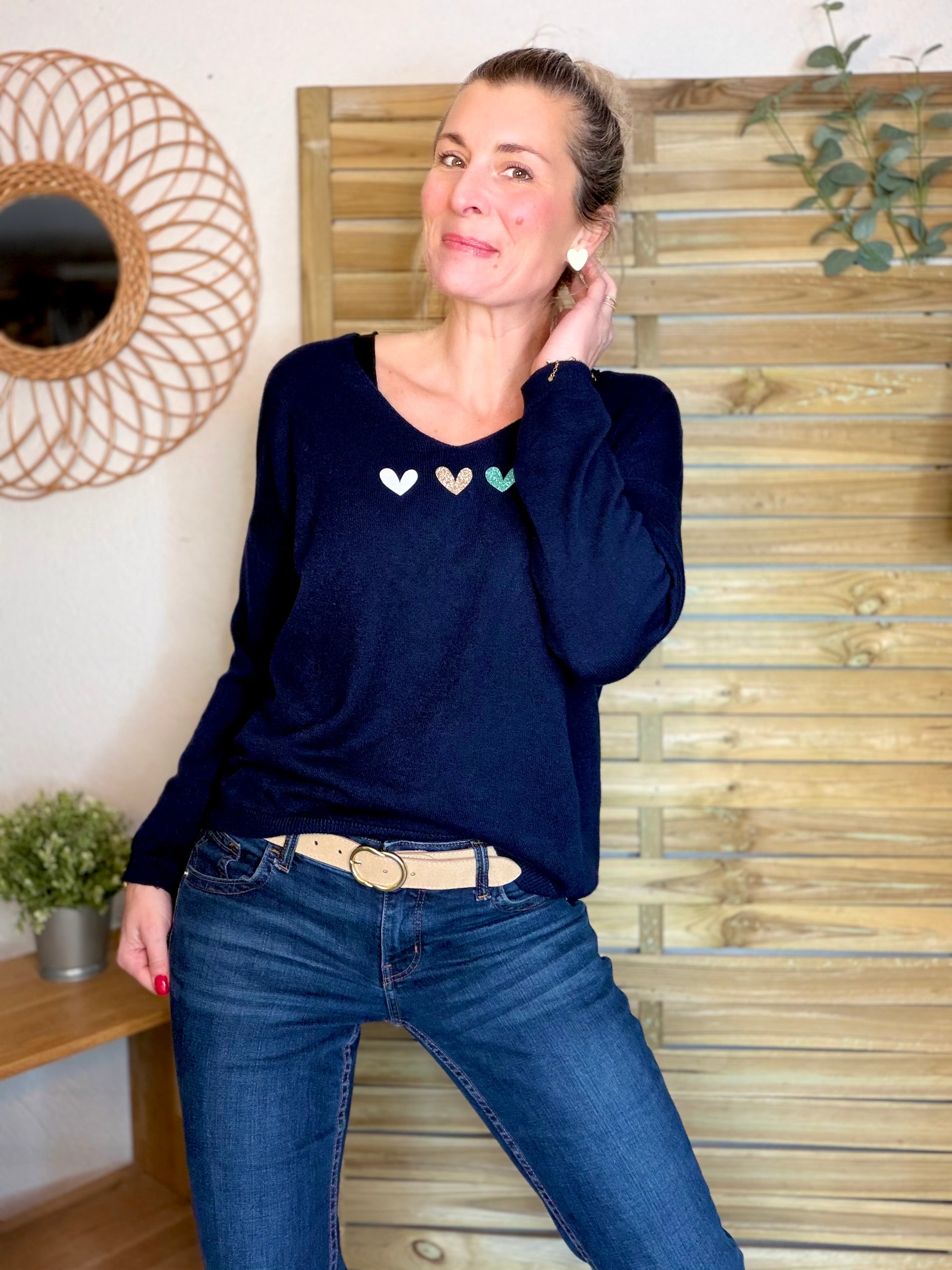 Pull fin 3 cœurs 💛 BERTILLE - Marine