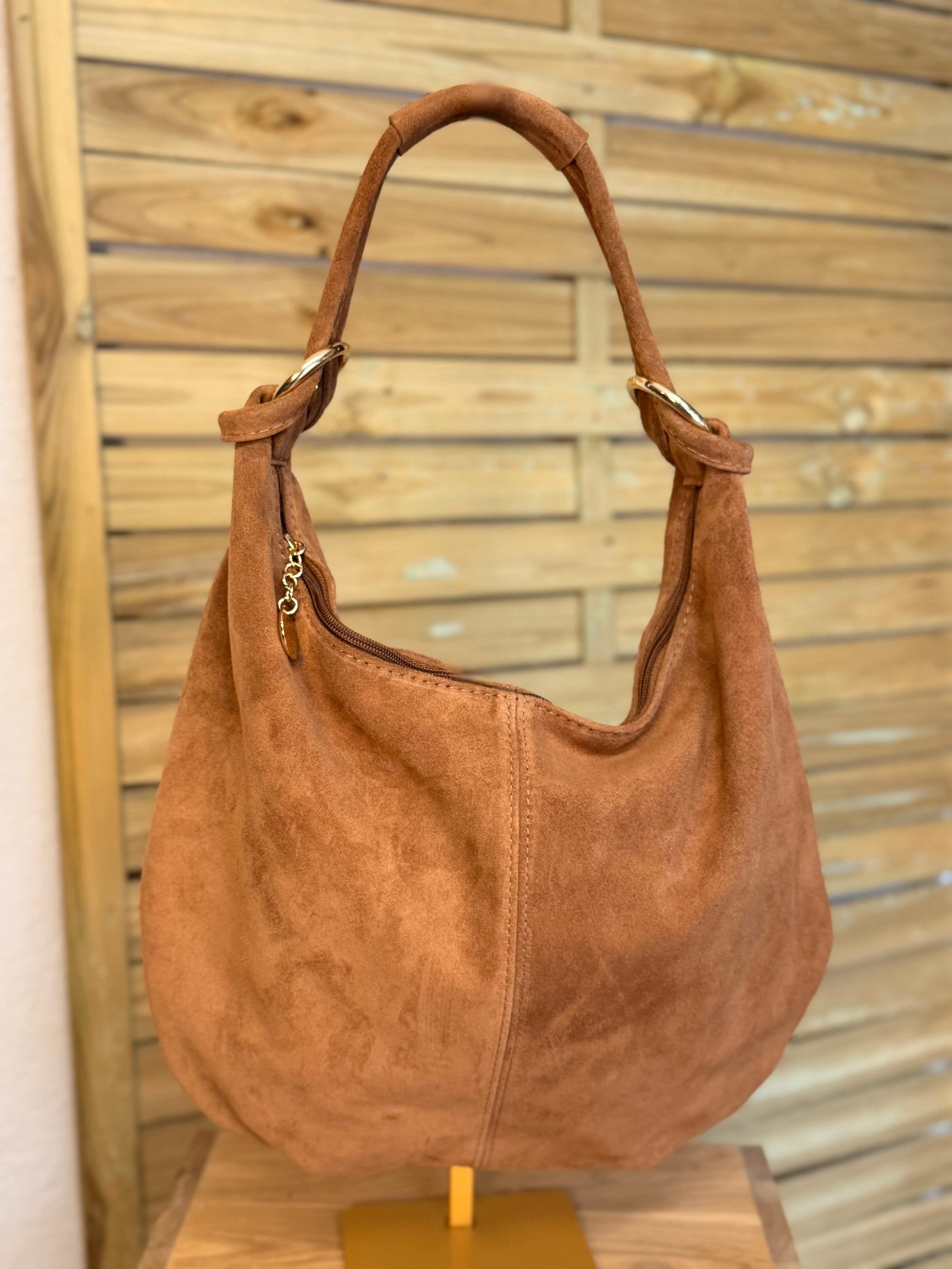 Sac besace hobo en cuir daim souple avec anneaux WILLIAM - Camel