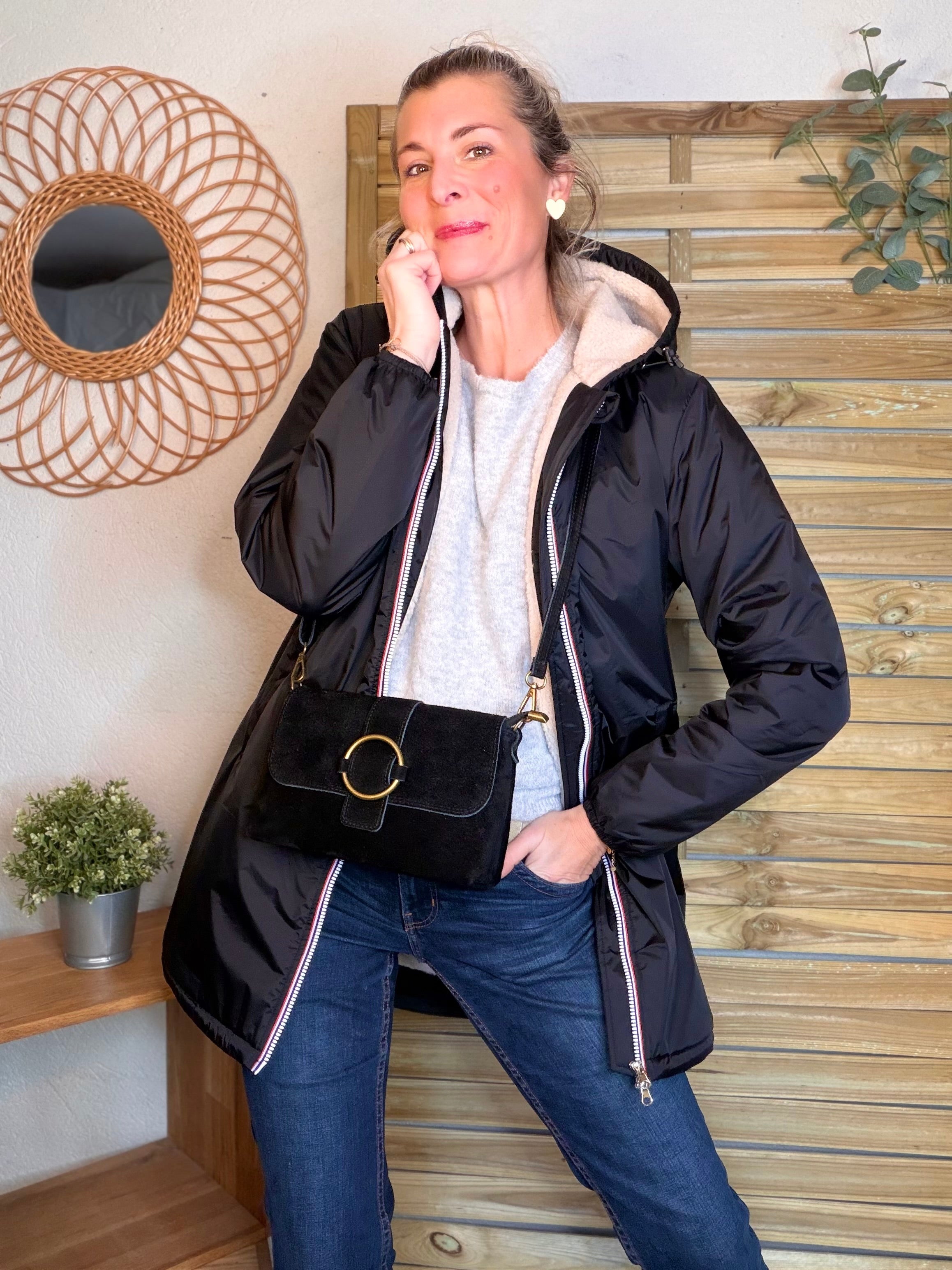 Parka Imperméable LOUISE LONG Sherpa écru - Noir - LAURA JO