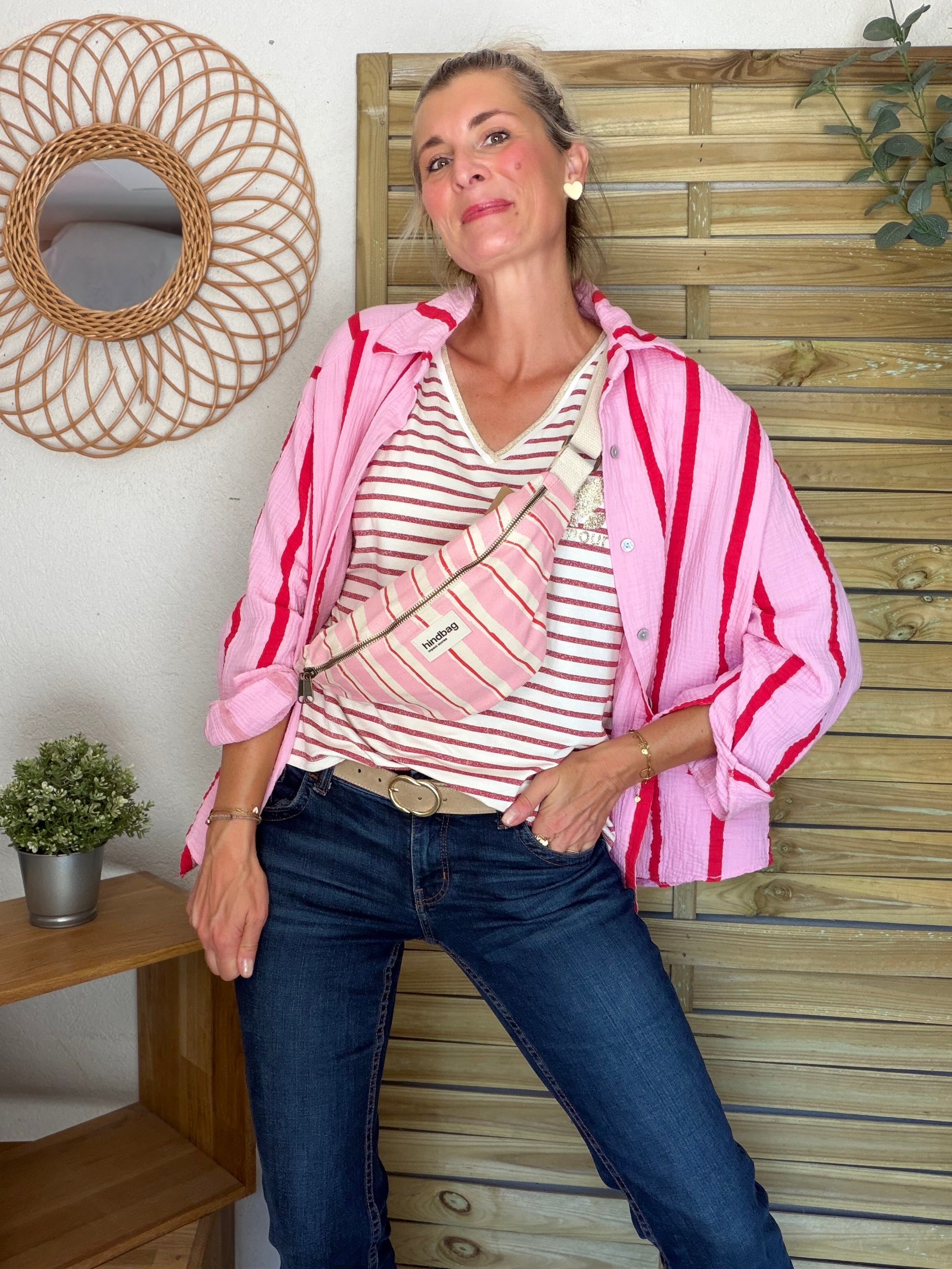 Chemise en gaze de coton rayé FÉLICIE Rose rouge