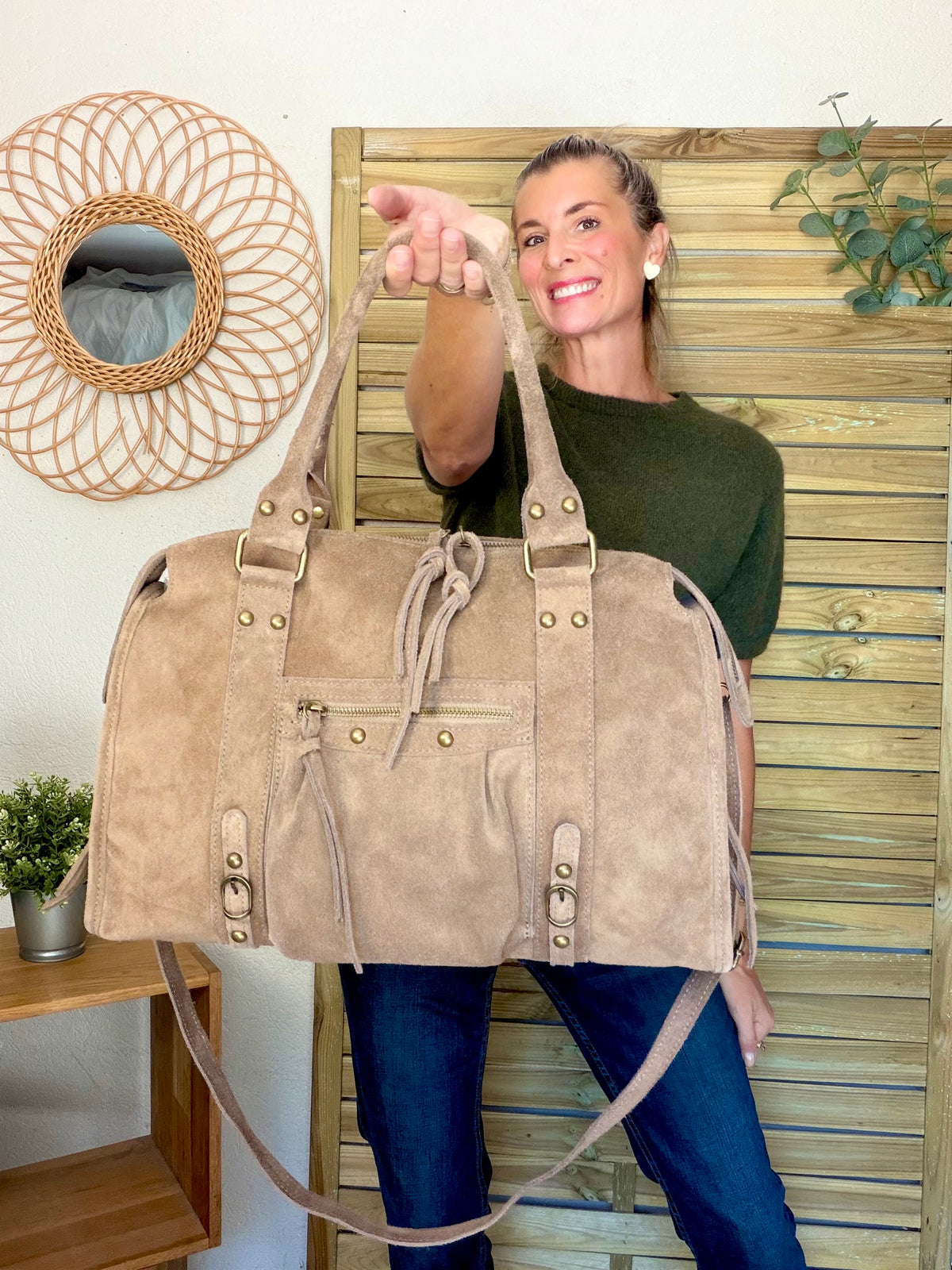 Sac cabas XL en cuir daim • HUNTER Taupe