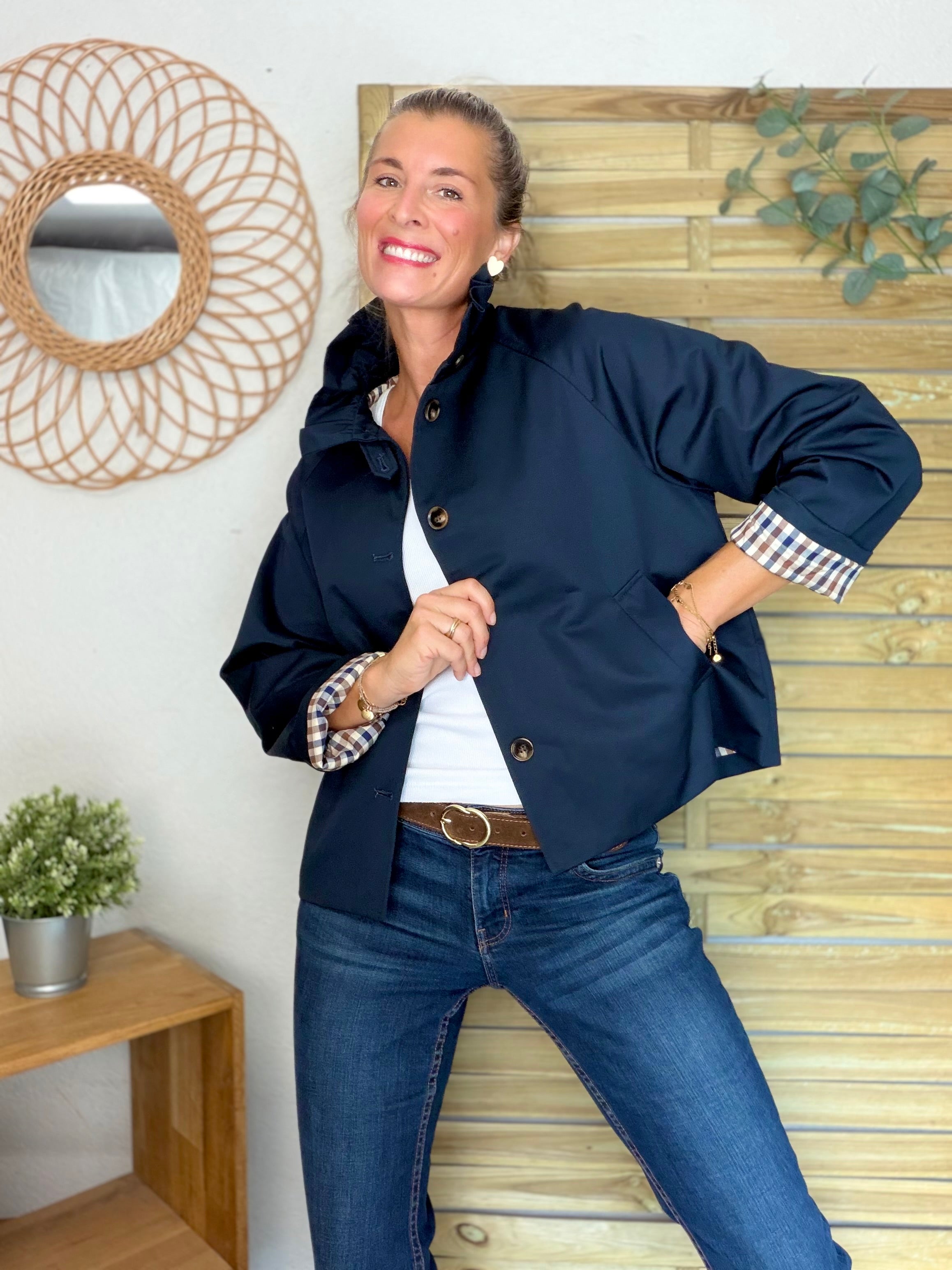 Veste Trench col victorien, doublure carreaux - VICTORIA Bleu marine