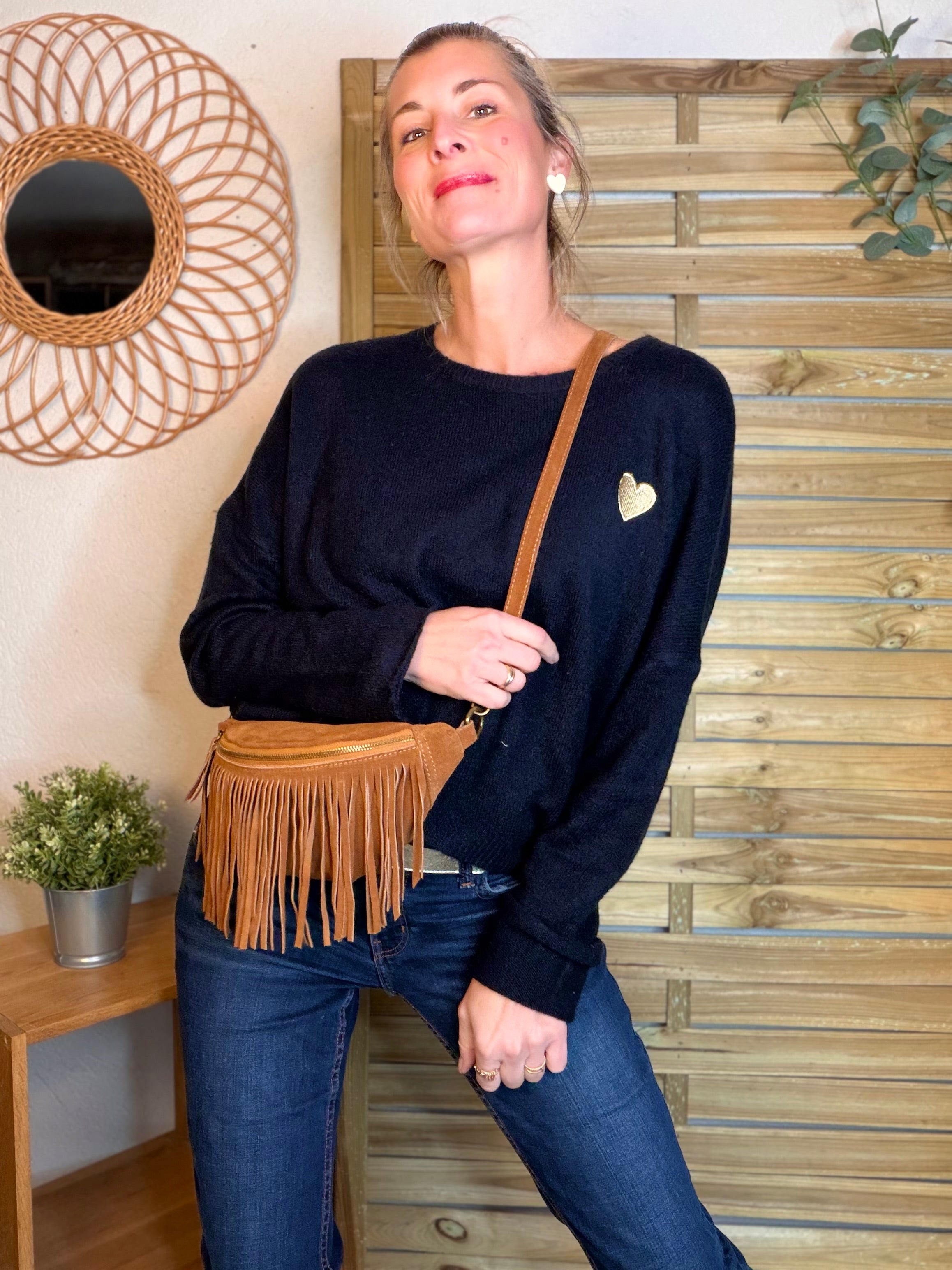 Pull léger en maille cœur doré brodé 💛 MELISSA - Bleu marine