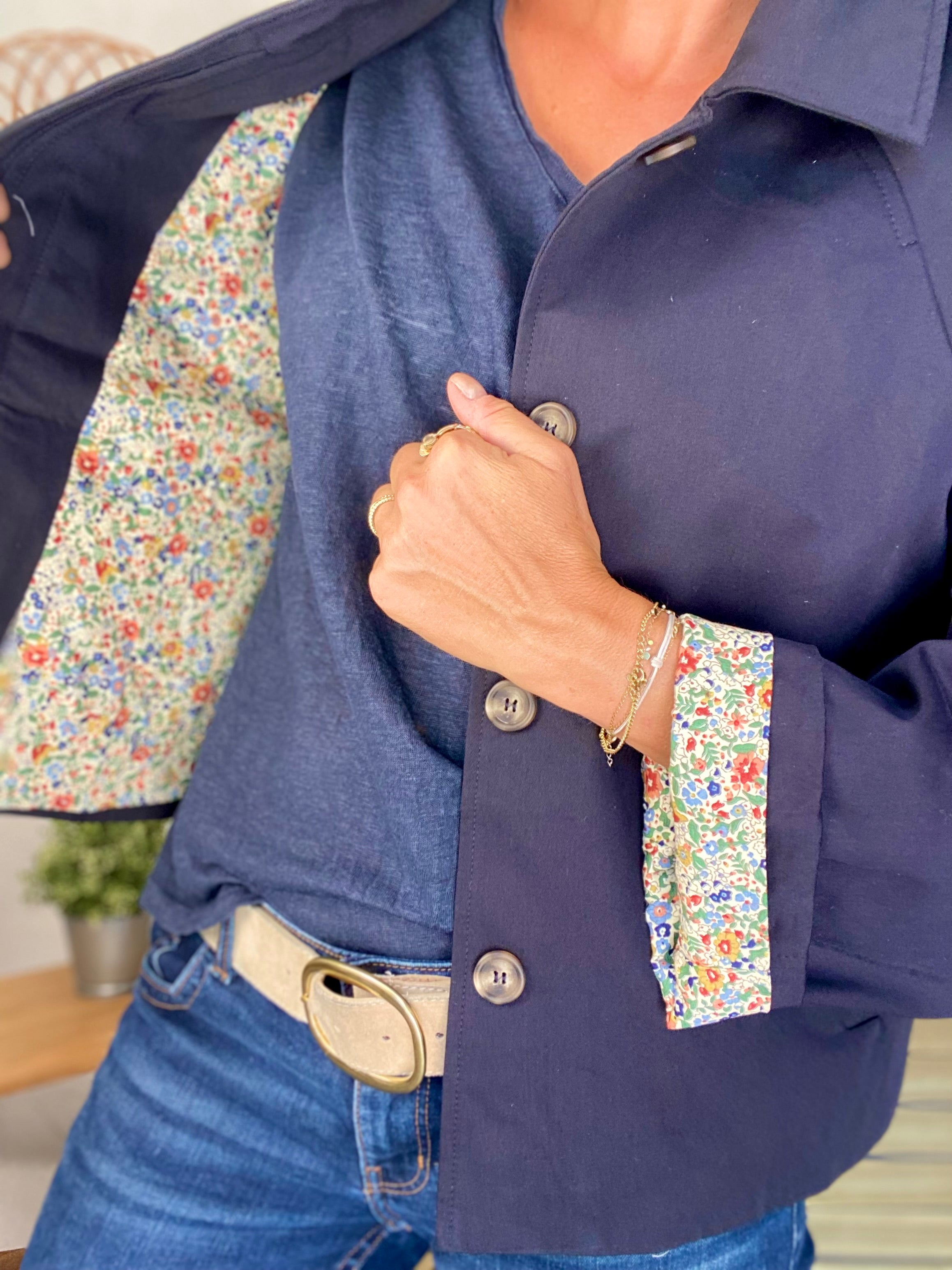 Veste Trench en coton bleu marine avec Liberty - MAHAUT