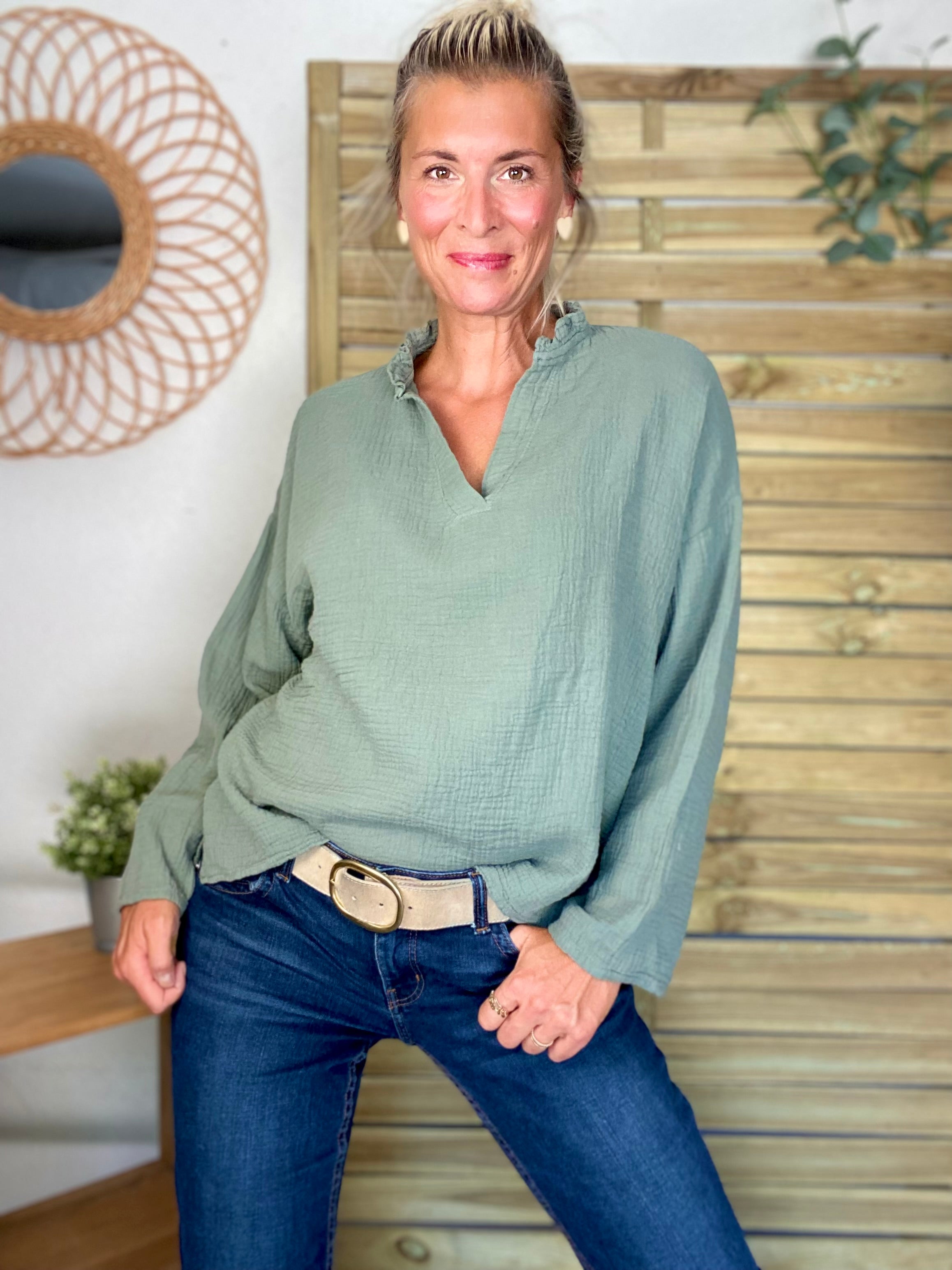 Blouse en gaze de coton SIERRA Kaki - manches longues