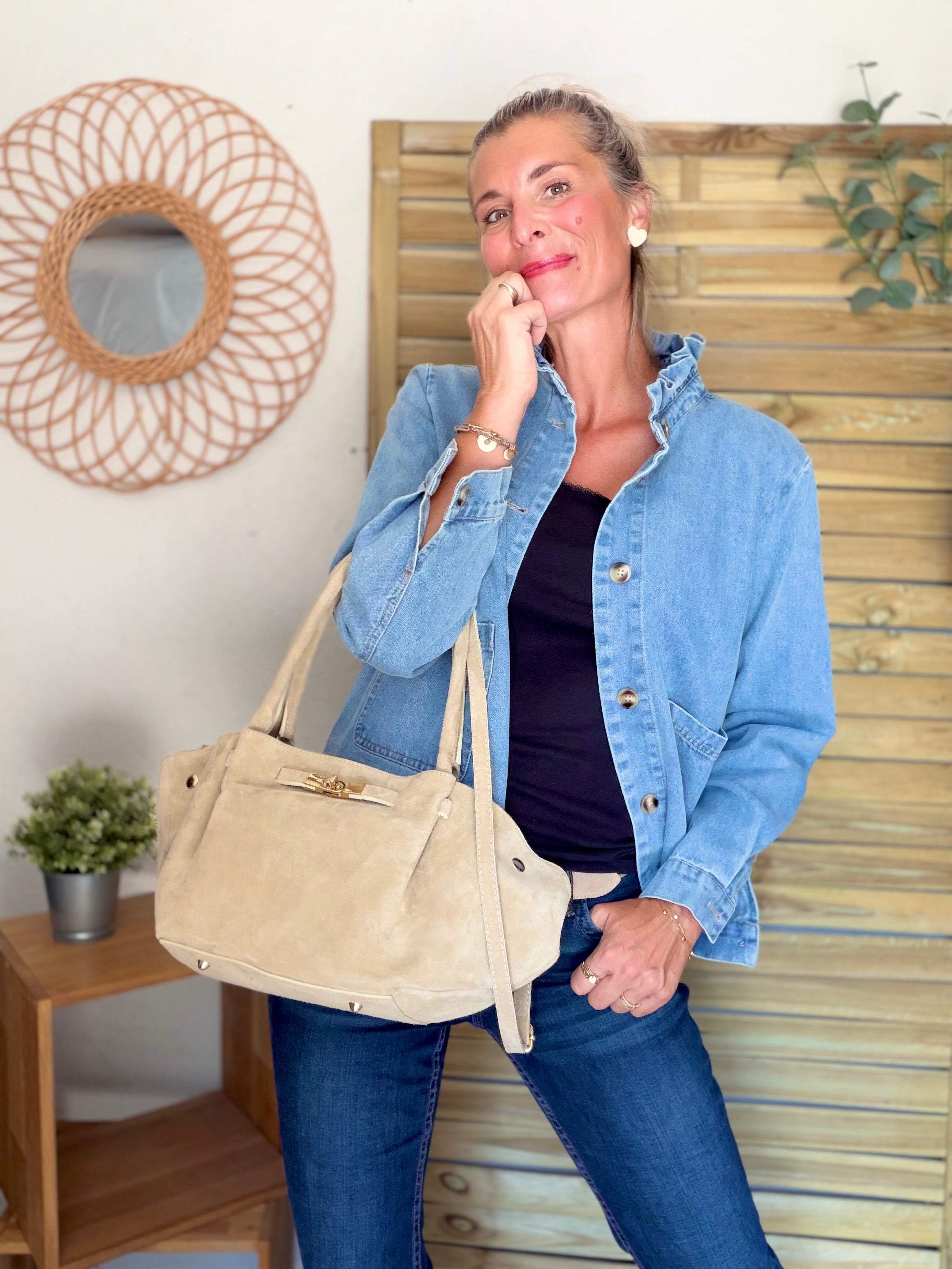 Sac cabas en cuir daim HANA - Beige