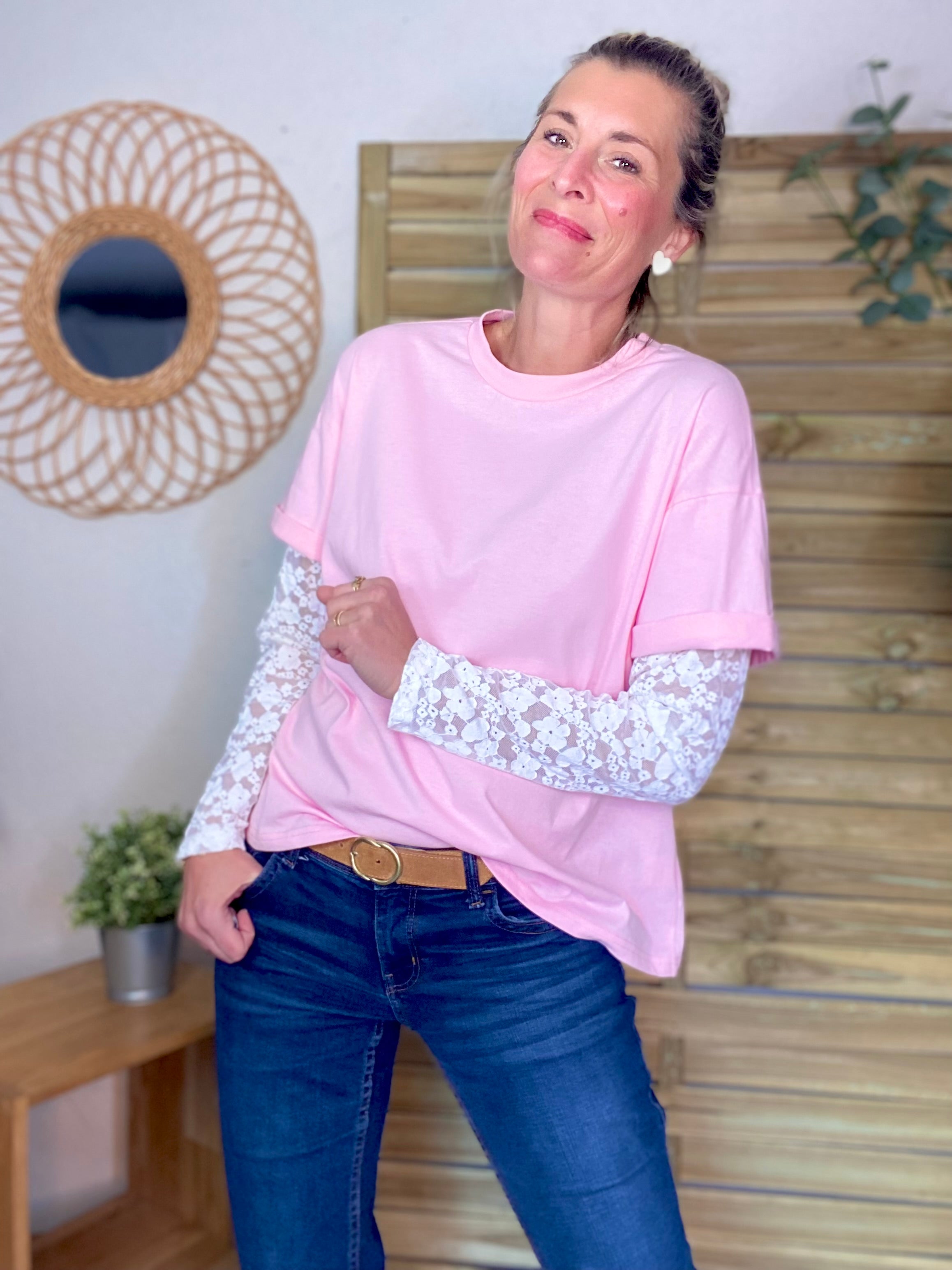 Tee shirt avec manches longues dentelle PAMELA - Rose