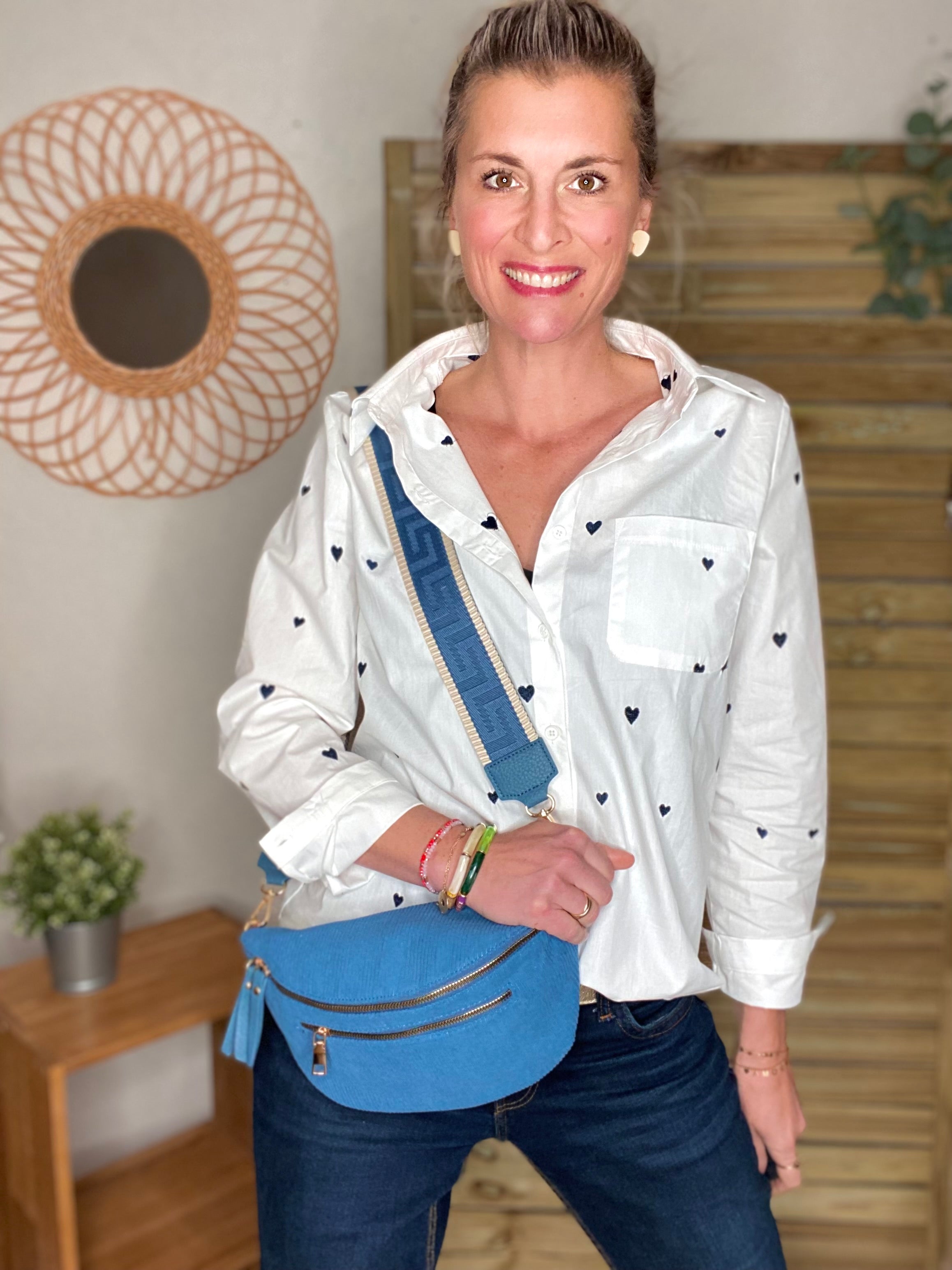 Sac banane L en velours côtelé 2 zips et sangle fantaisie - ASHLY - Bleu jean