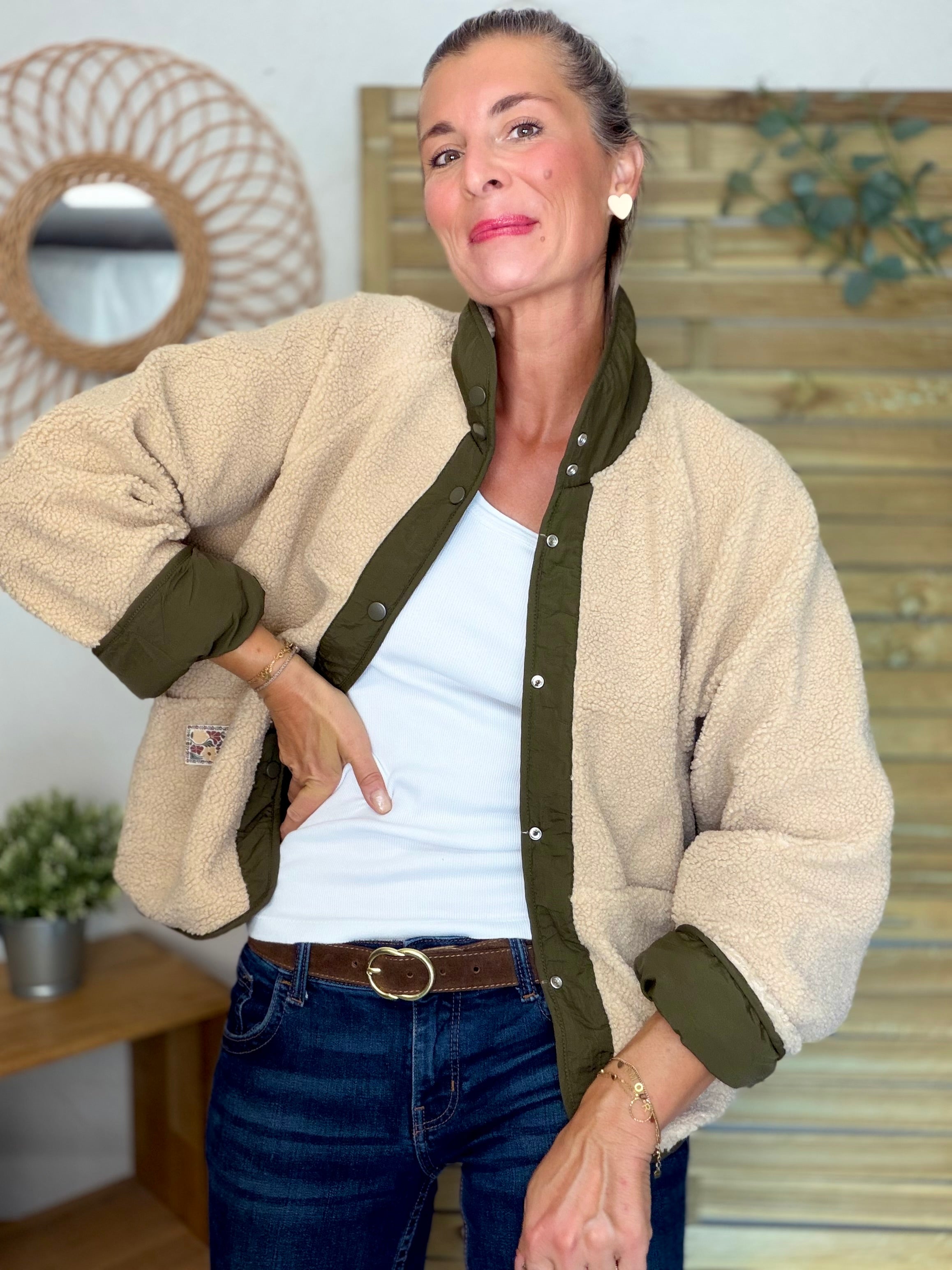 Veste matelassée réversible Sherpa AMÉLIE Kaki / Beige