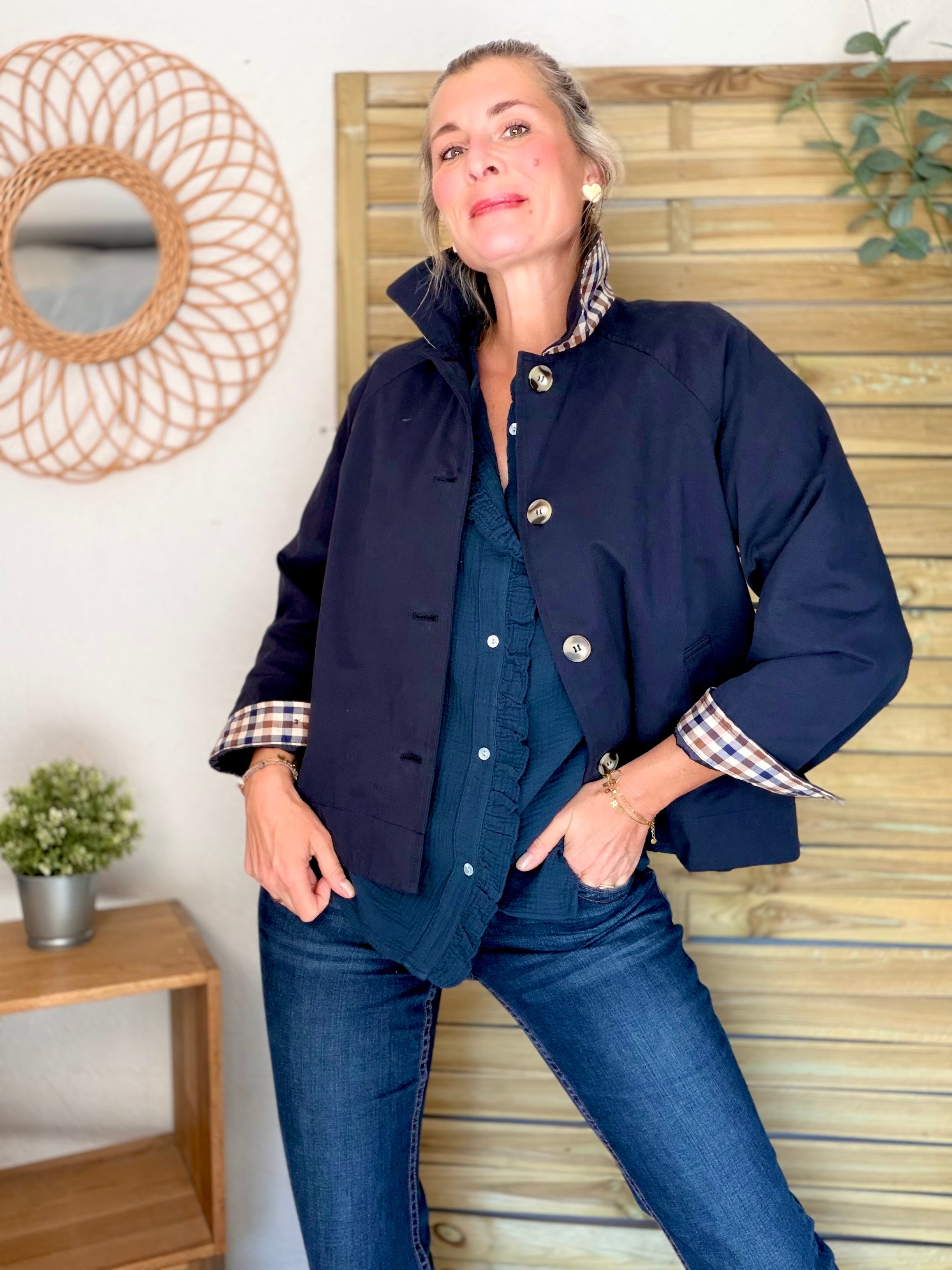 Veste Trench en coton avec carreaux - SOLÈNE Bleu marine