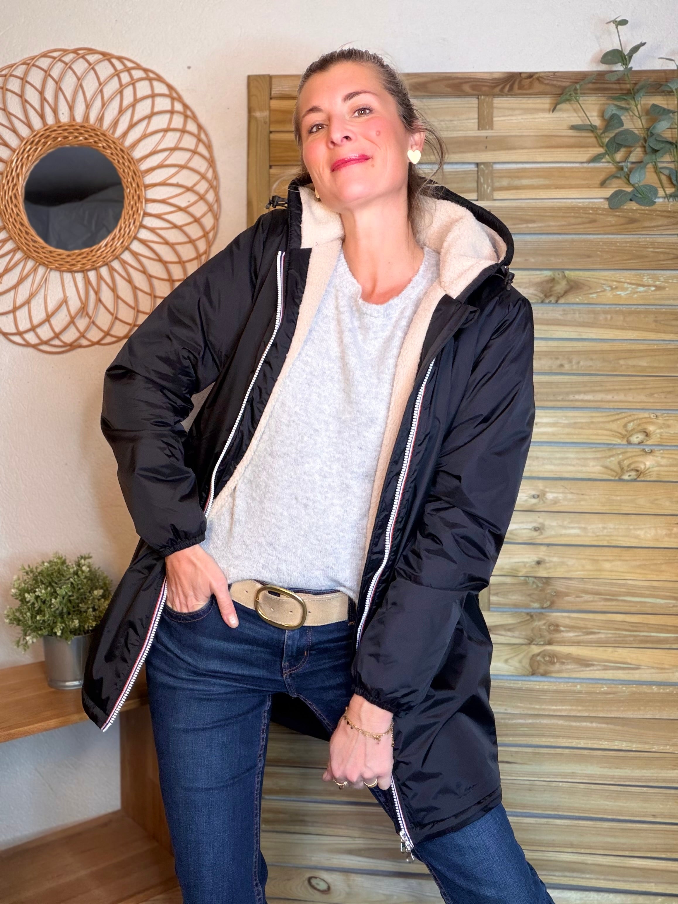 Parka Imperméable LOUISE LONG Sherpa écru - Noir - LAURA JO