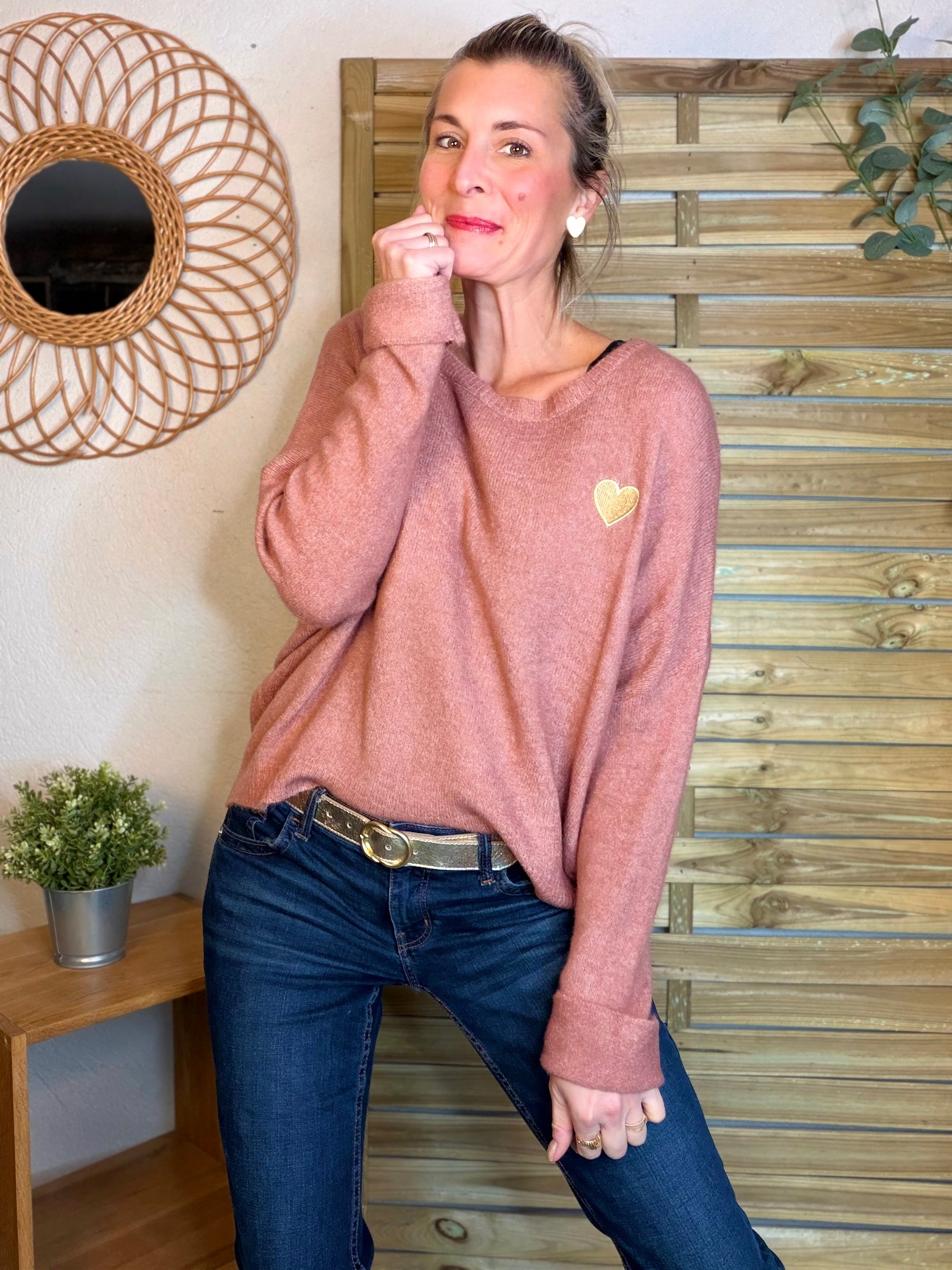 Pull léger en maille cœur doré brodé 💛 MELISSA - Vieux rose