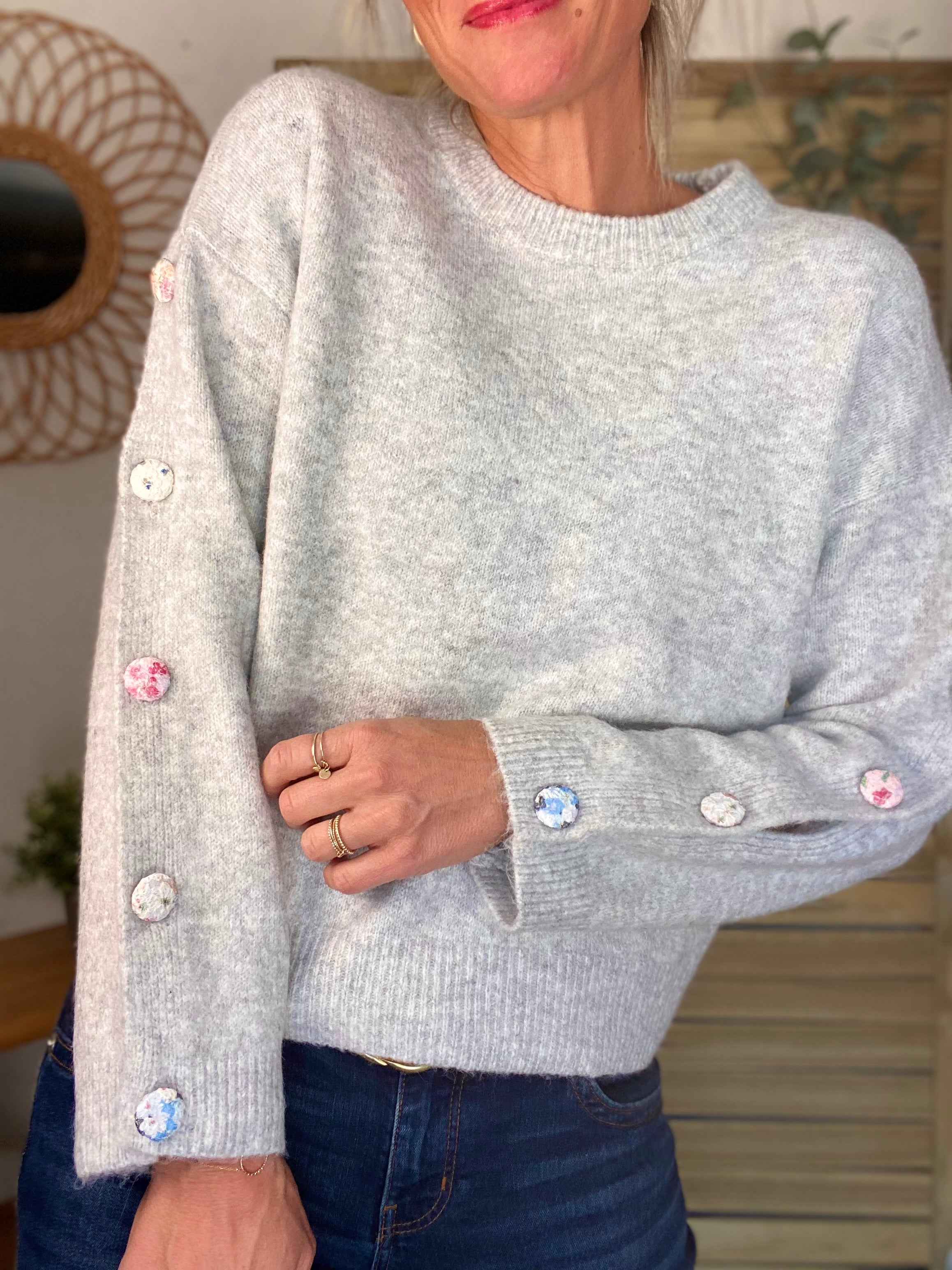 ⚡️ PÉPITES FRIDAY - Pull boutons tissu fleuri - Gris chiné - HAZEL