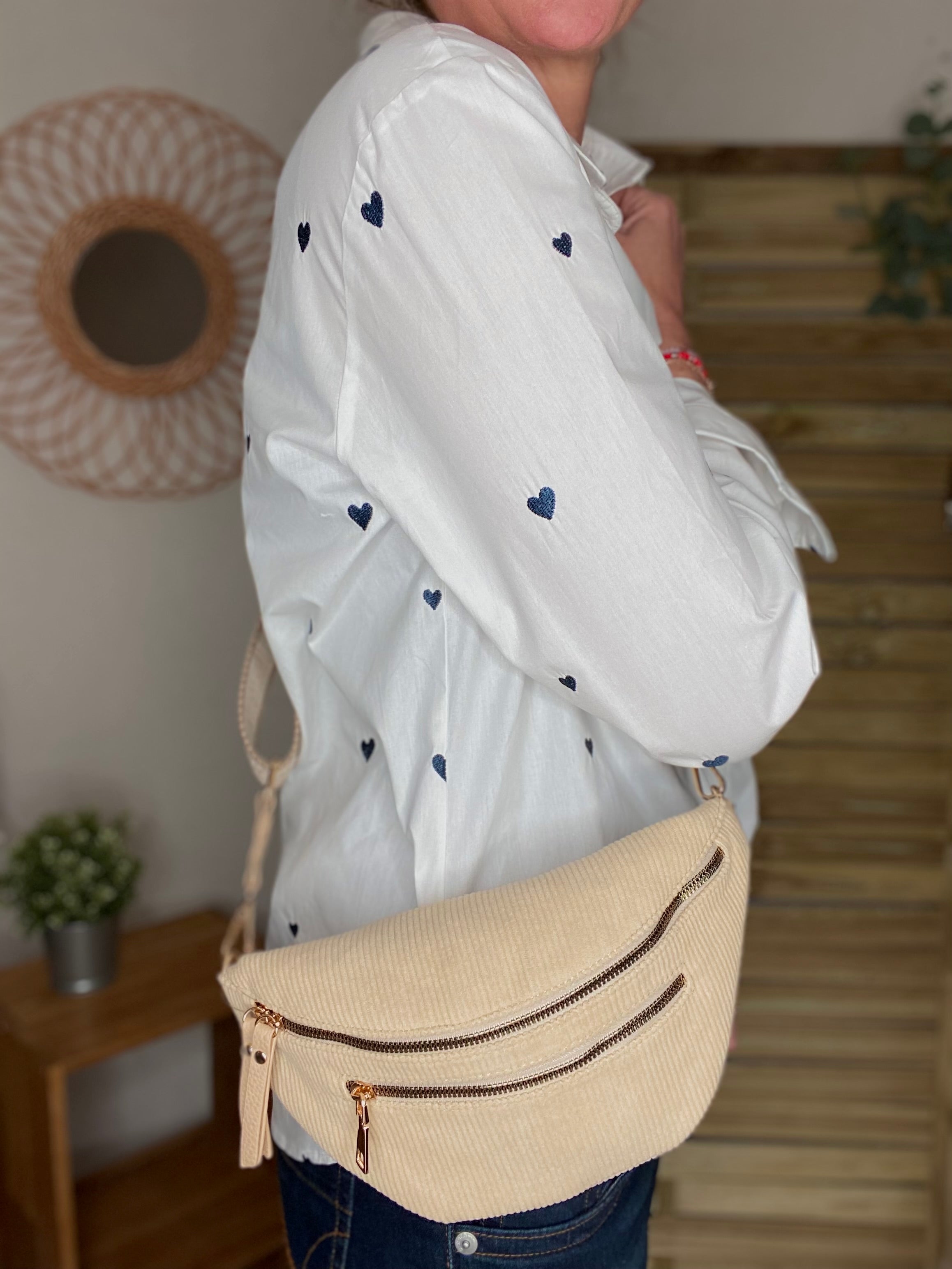 Sac banane en velours côtelé 2 zips et sangle fantaisie - CHARLY - Beige clair