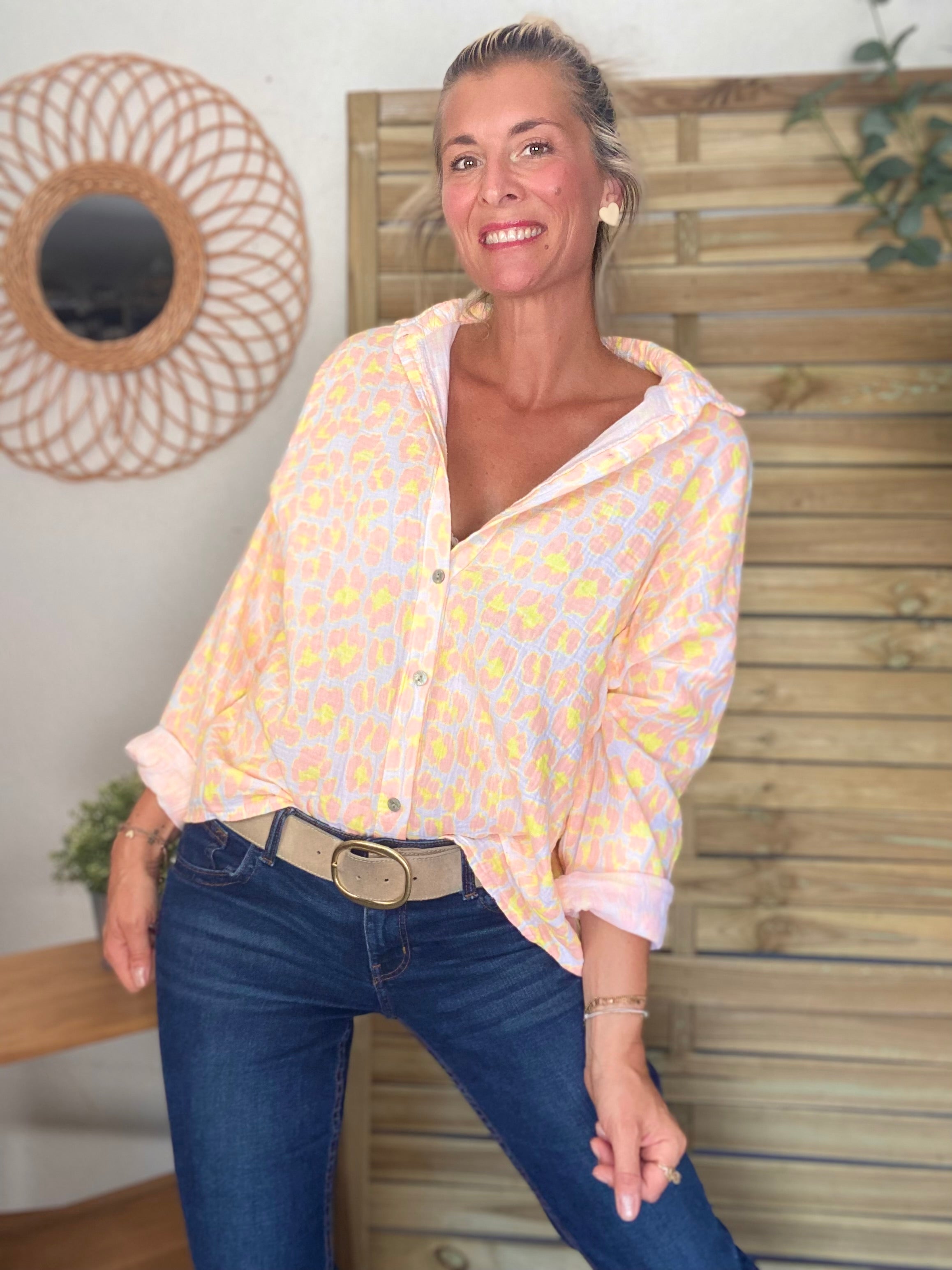 Chemise en gaze de coton imprimé Léo MARCIA - Orange
