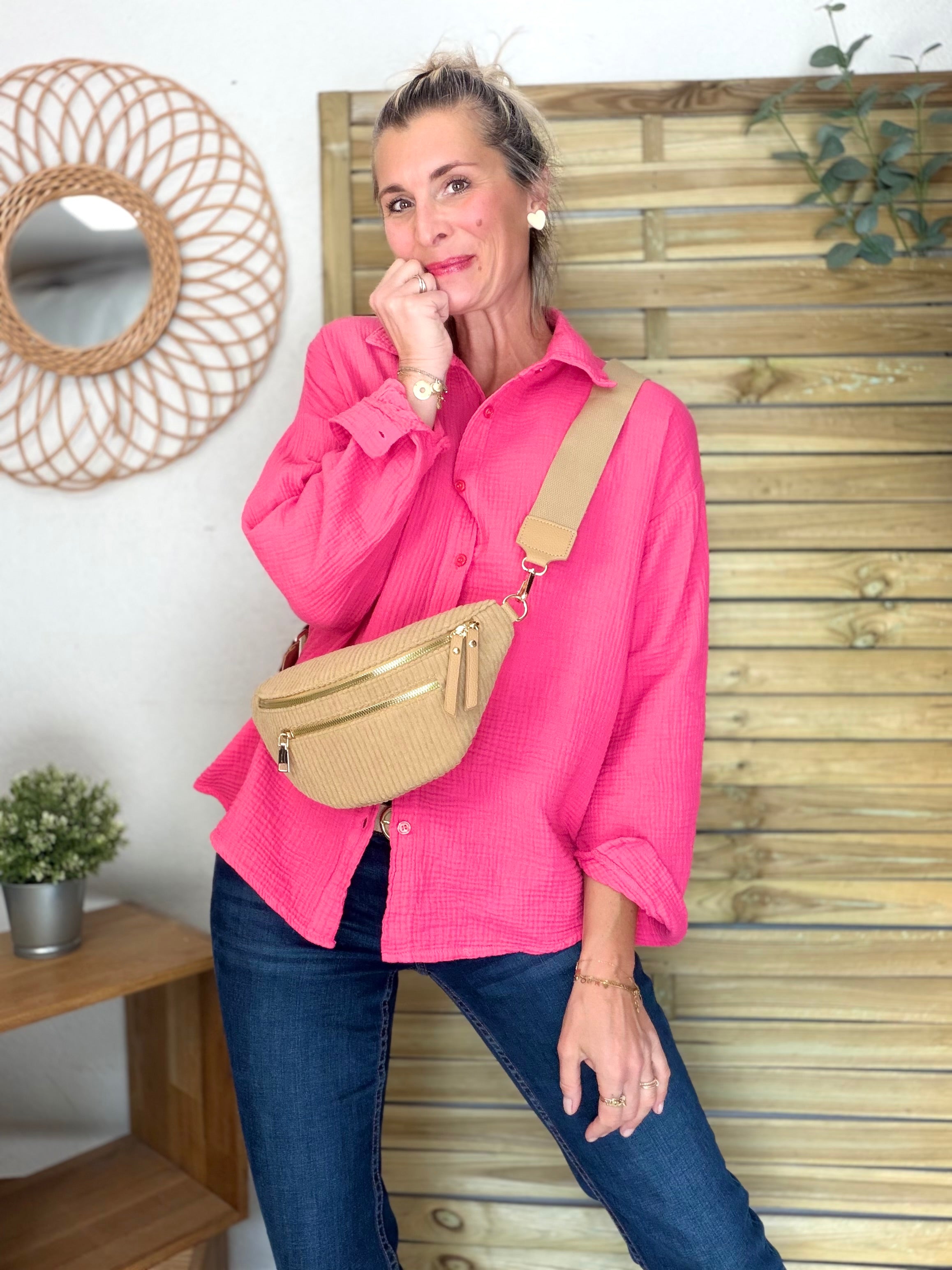Sac banane en velours côtelé 2 zips et sangle fantaisie - CHARLY Camel clair - DÉSTOCKAGE