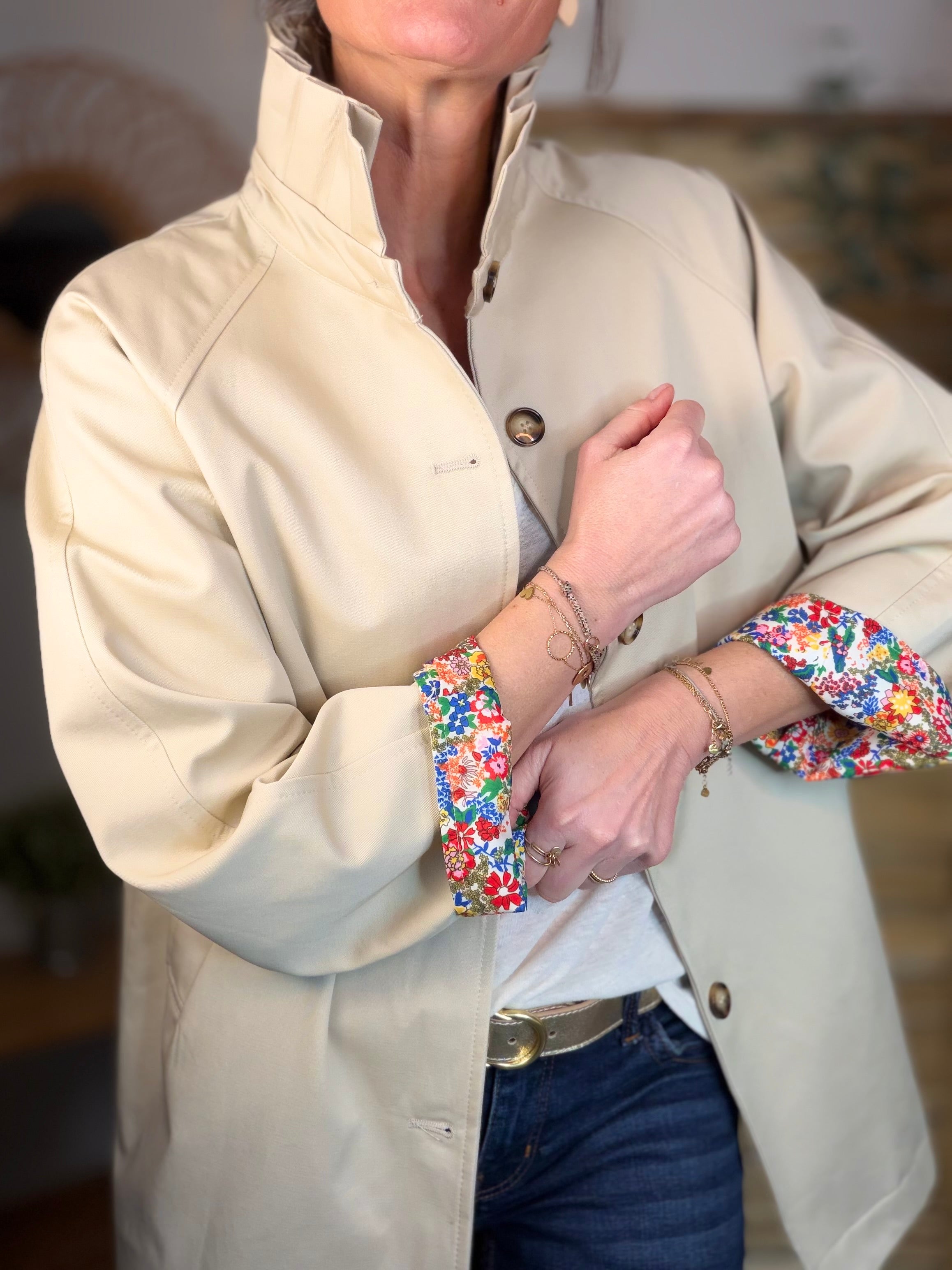 Veste Trench mi-long col victorien avec Liberty - ANDY Beige