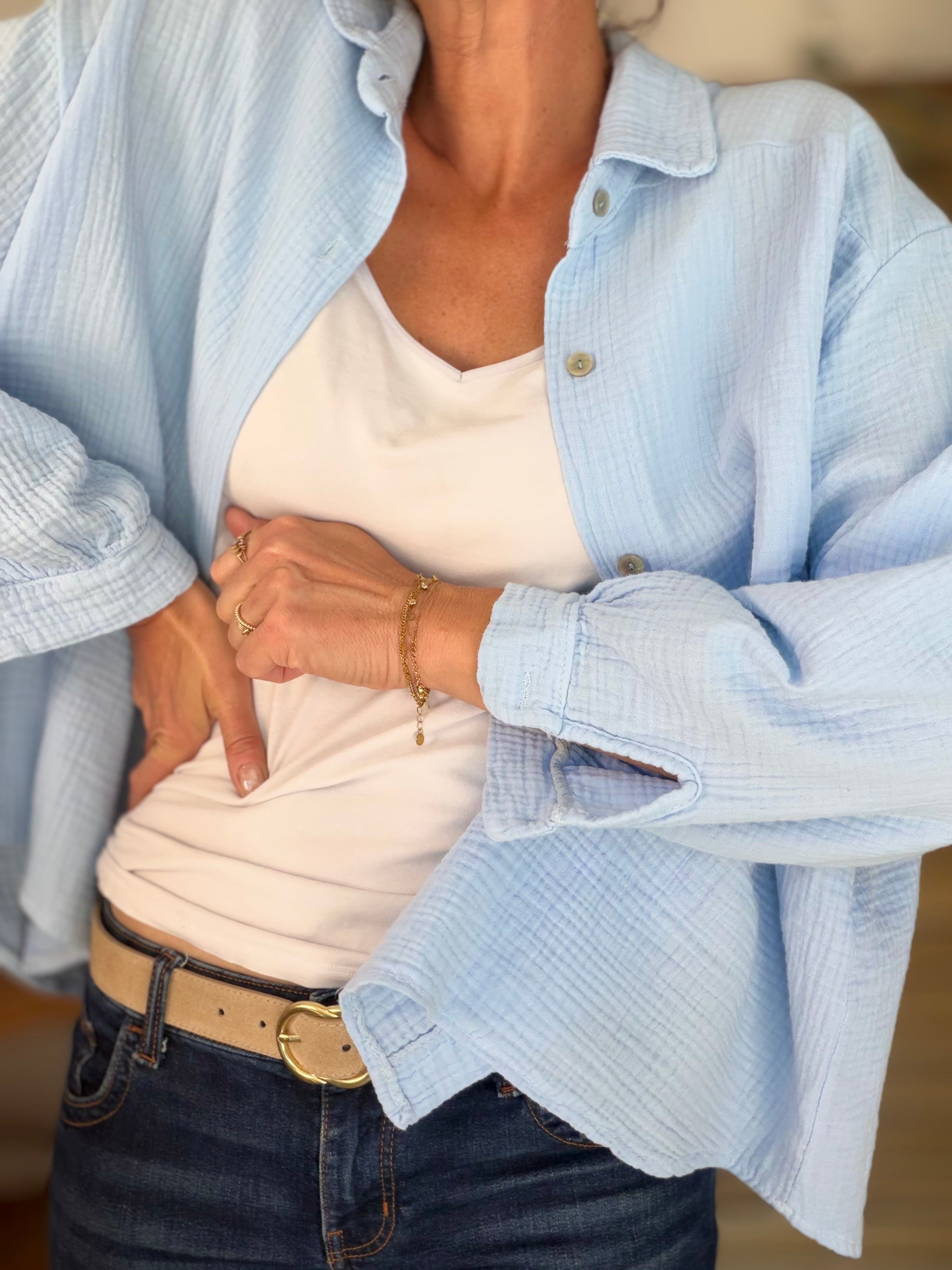 Chemise en gaze de coton unie FÉLICIA Bleu ciel