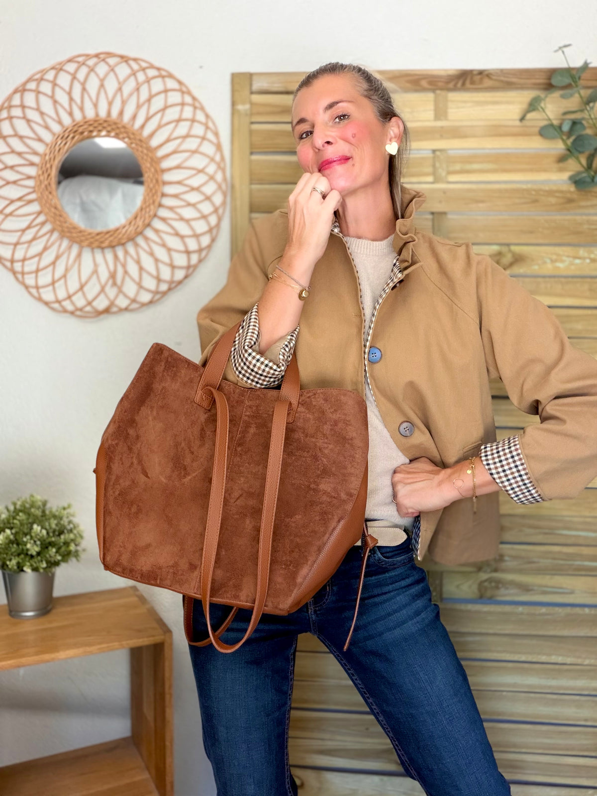 Grand Sac cabas 2 en 1 en simili daim - LAURÈNE Camel