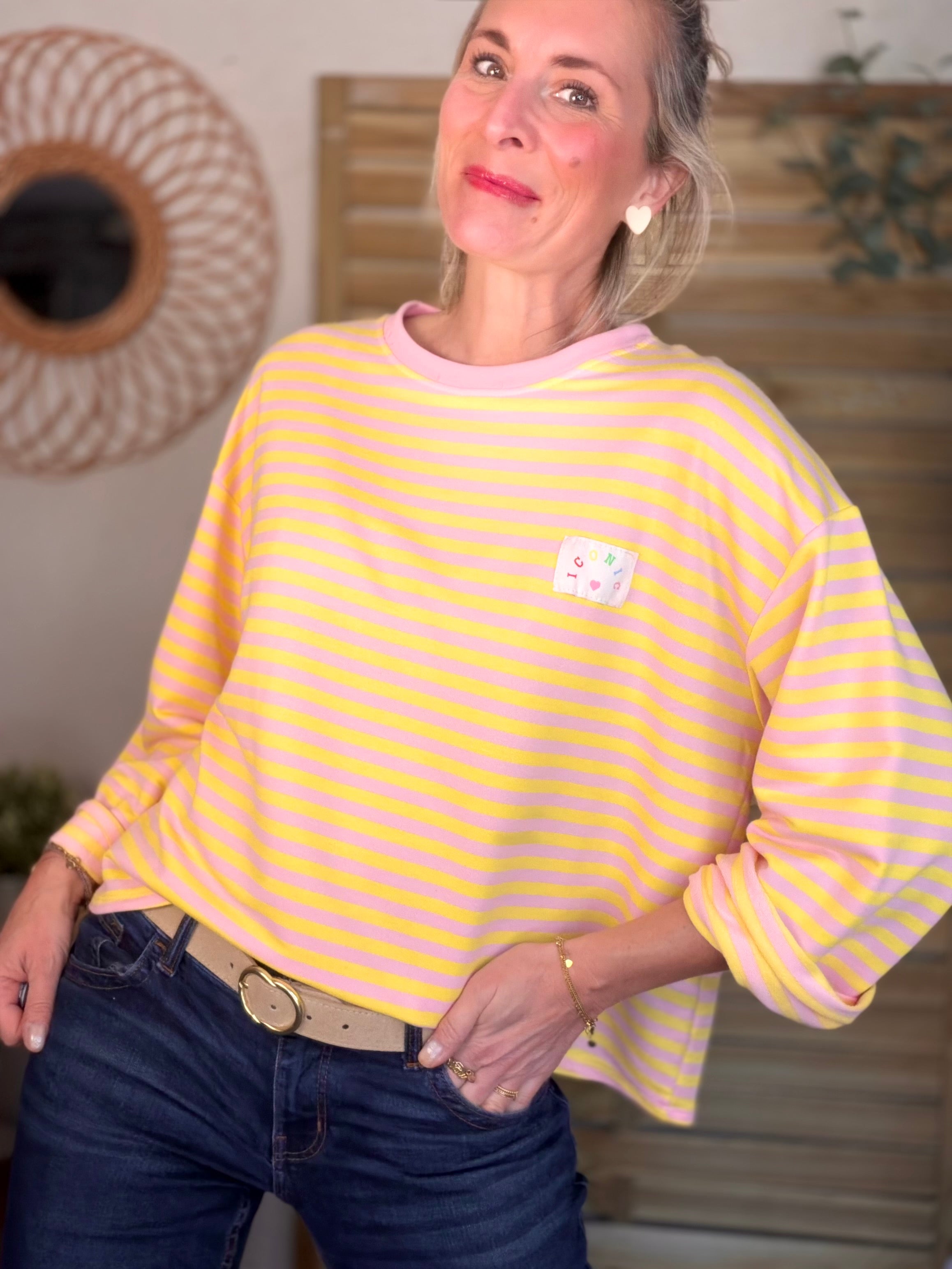 Sweat fin rayé ample Iconic CORALIE - Rose / Jaune