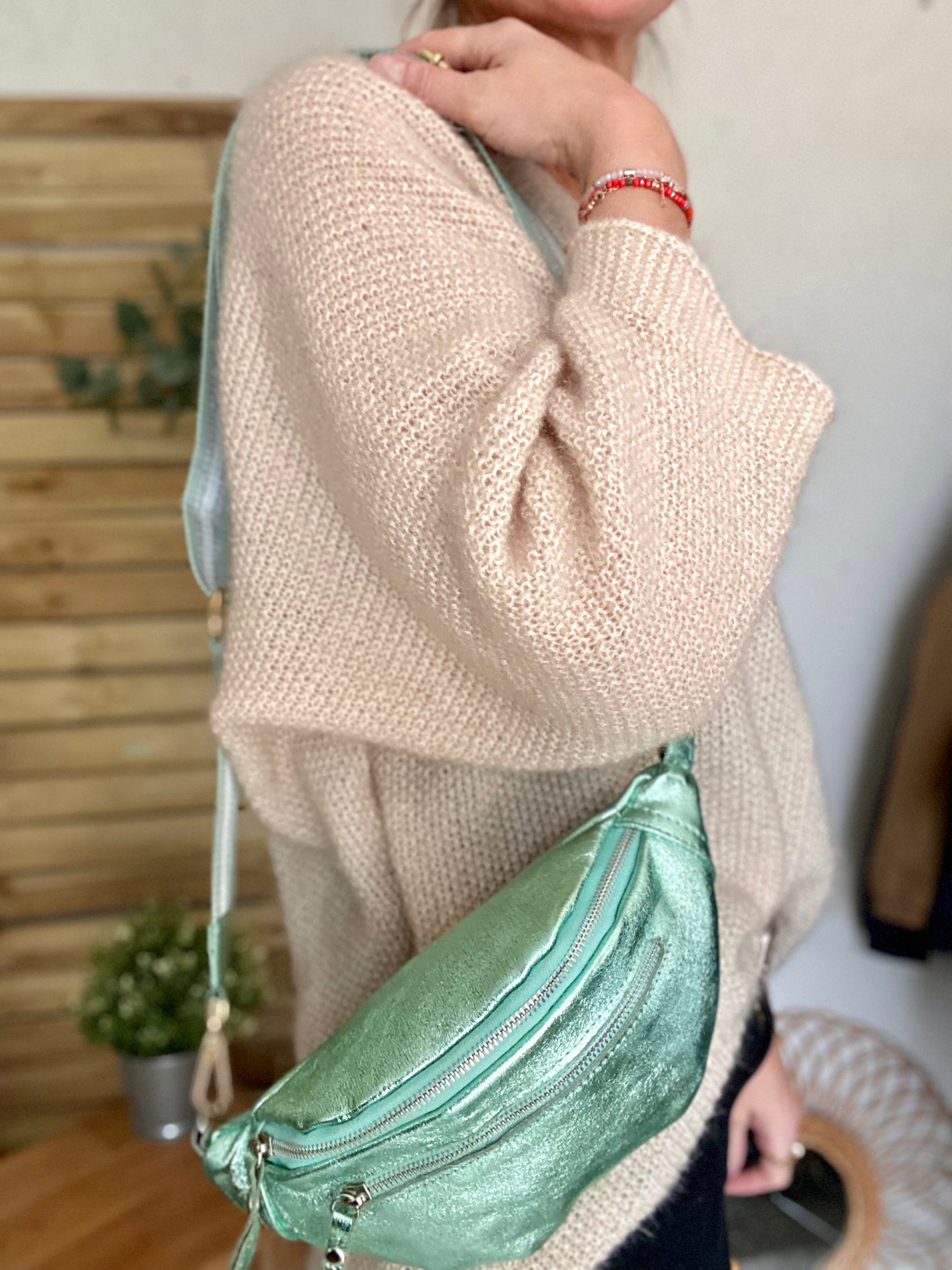 Sac banane en cuir irisé double poche - OPALE  - Vert d’eau