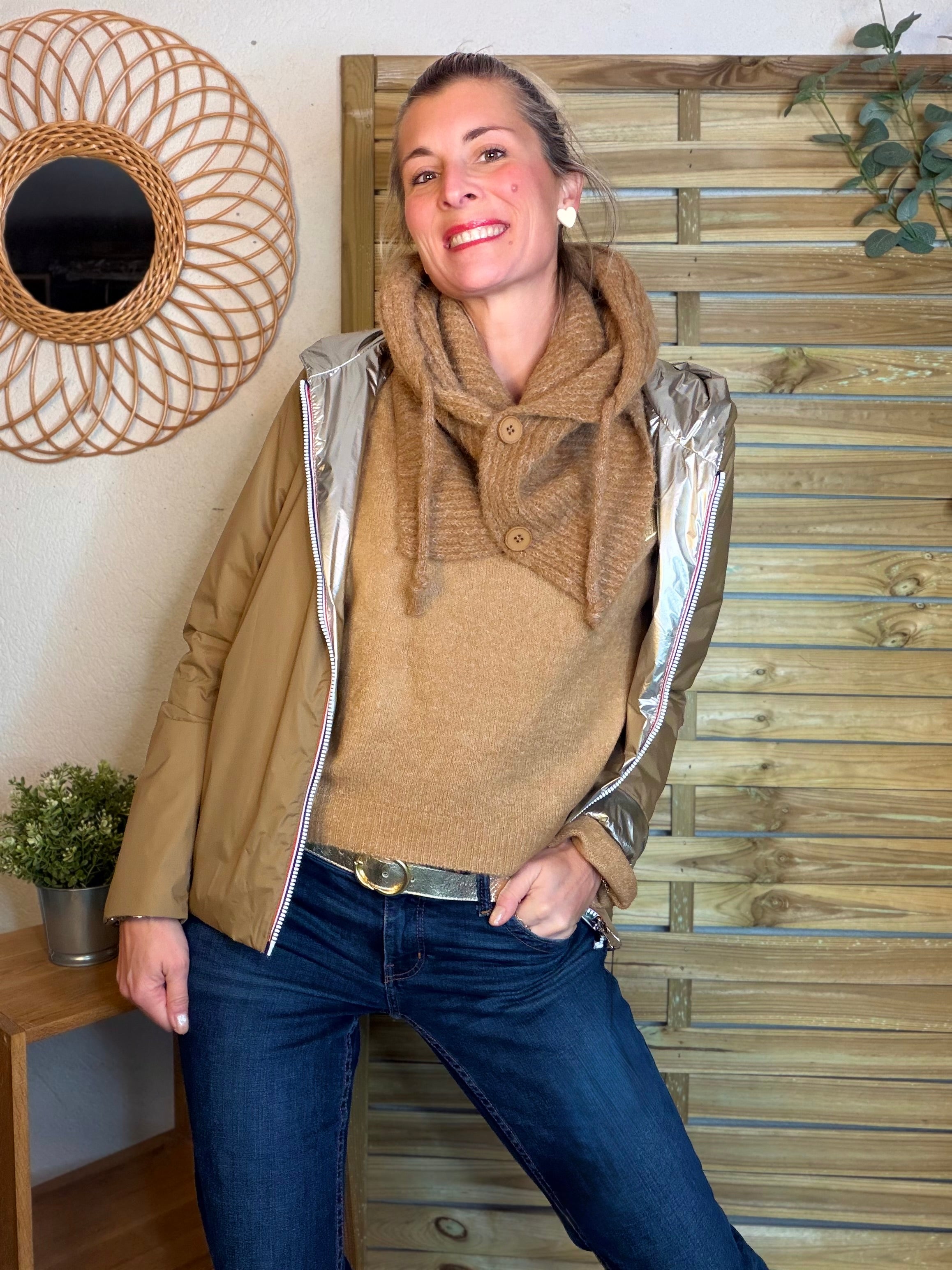 Col cagoule LORIE en maille avec bouton - Camel