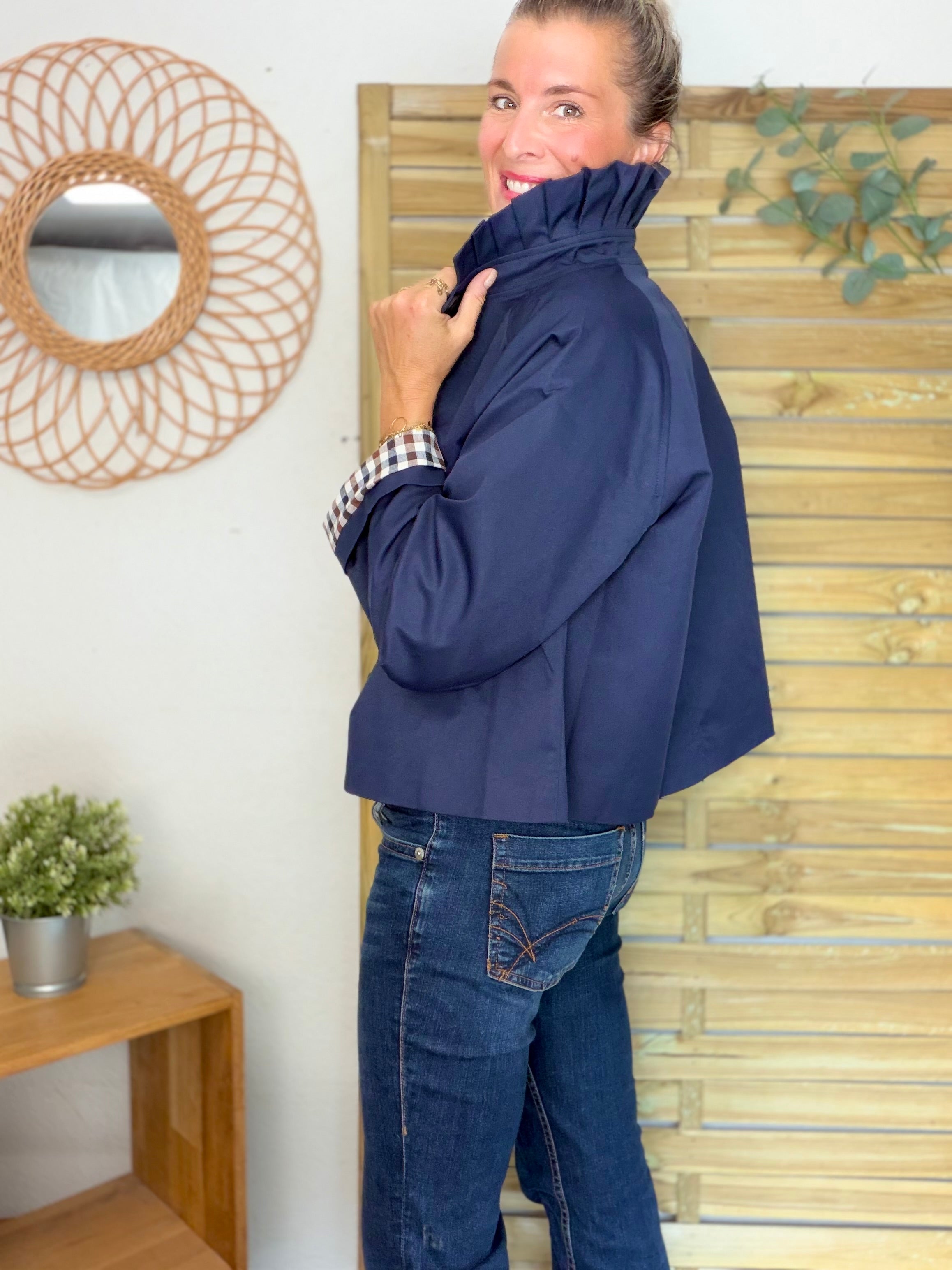 Veste Trench col victorien, revers carreaux - VICKY Bleu marine