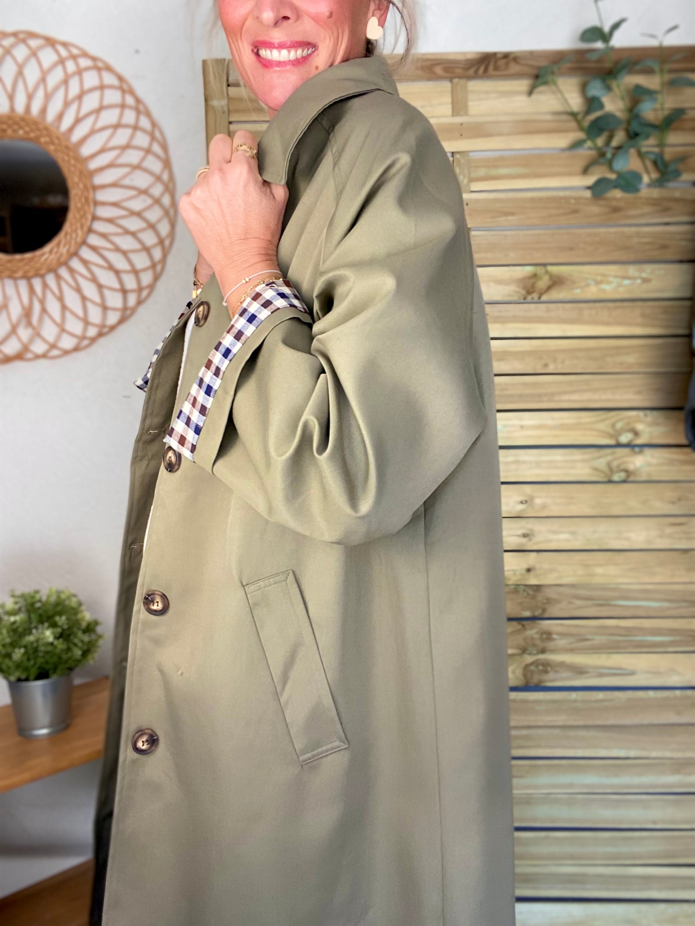 Veste Trench en coton avec vichy - YSEULT long Kaki