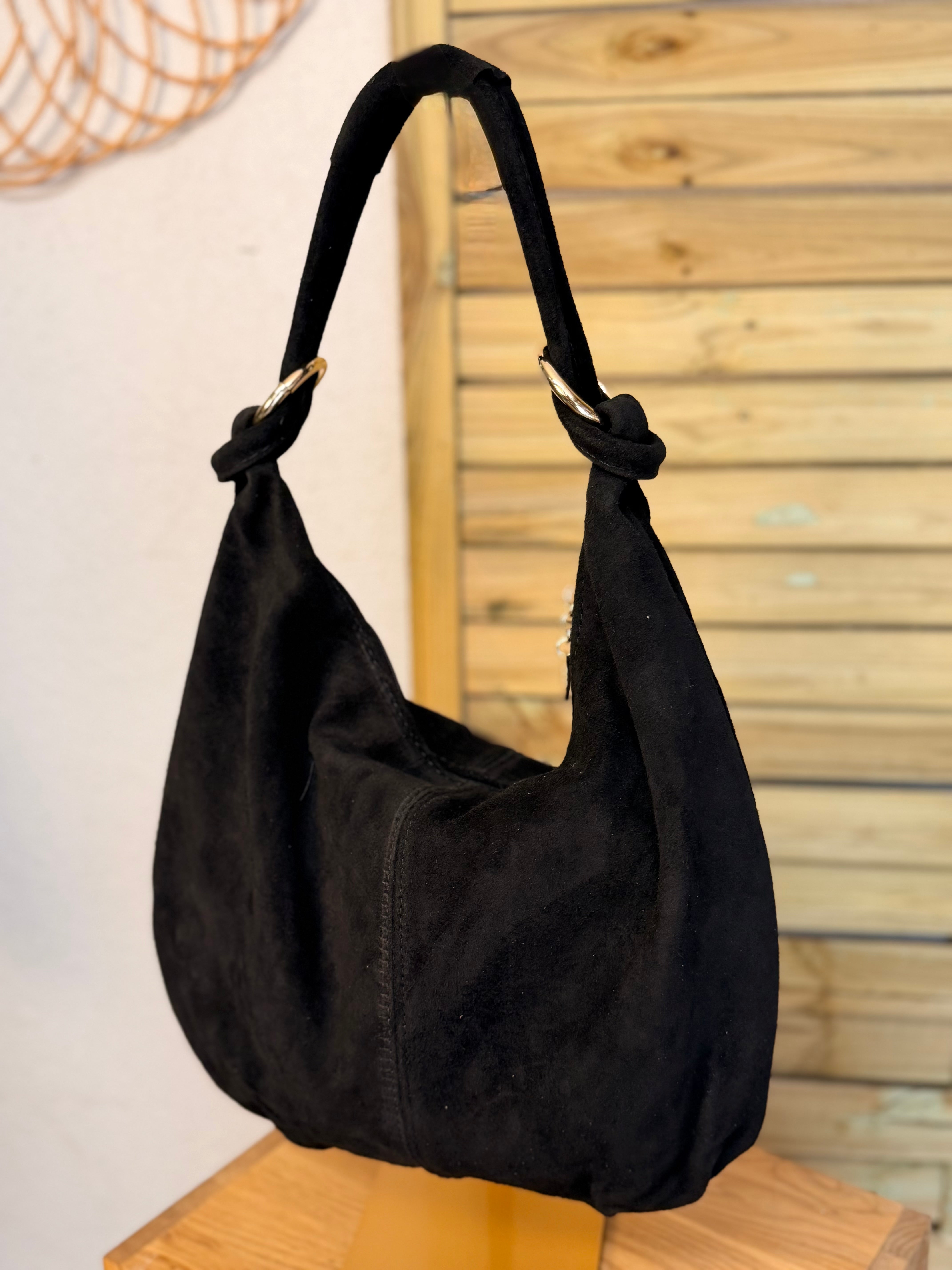 Sac besace hobo en cuir daim souple avec anneaux WILLIAM - Noir
