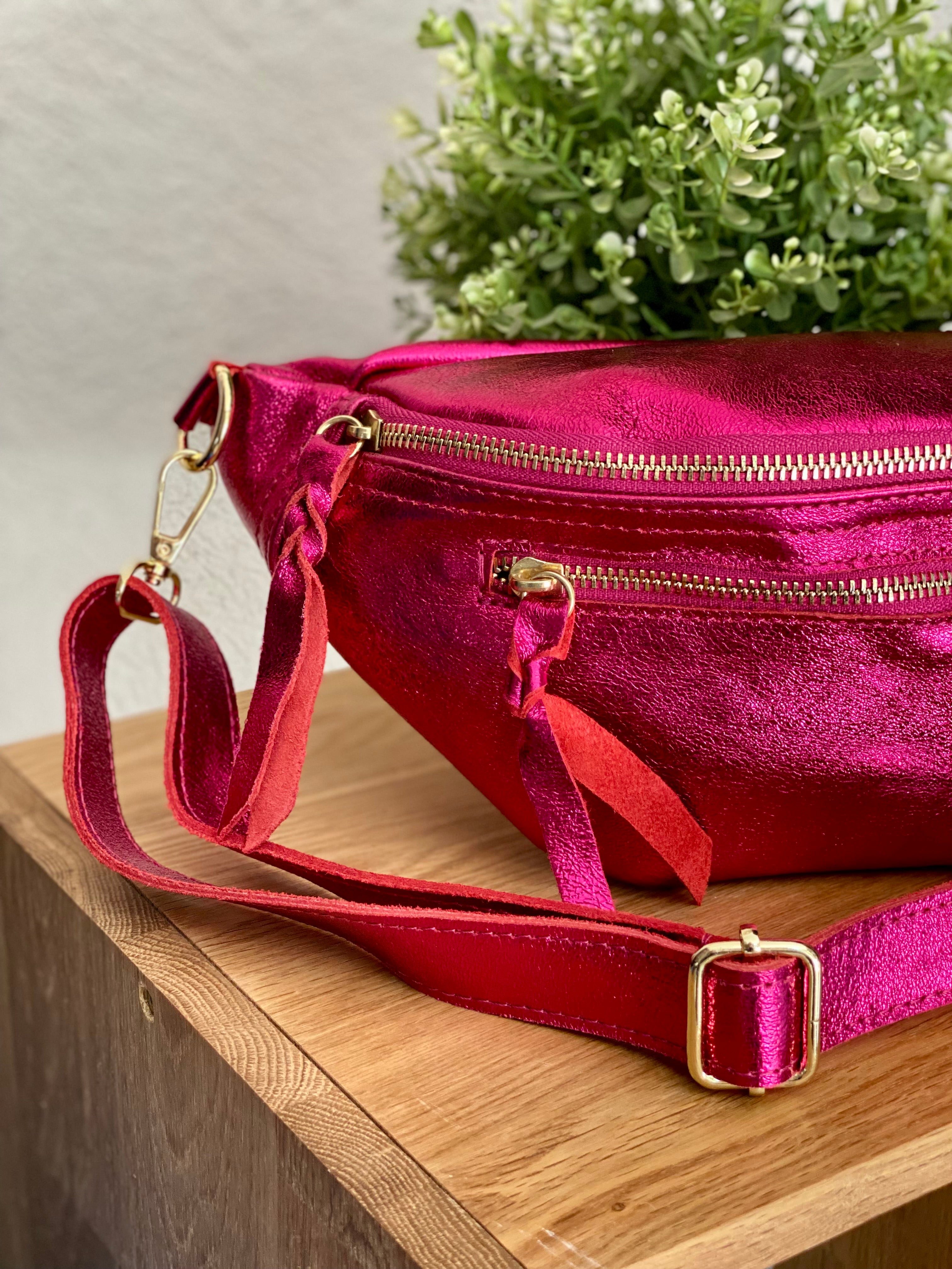 Sac banane en cuir irisé double poche - OPALE - Fuschia