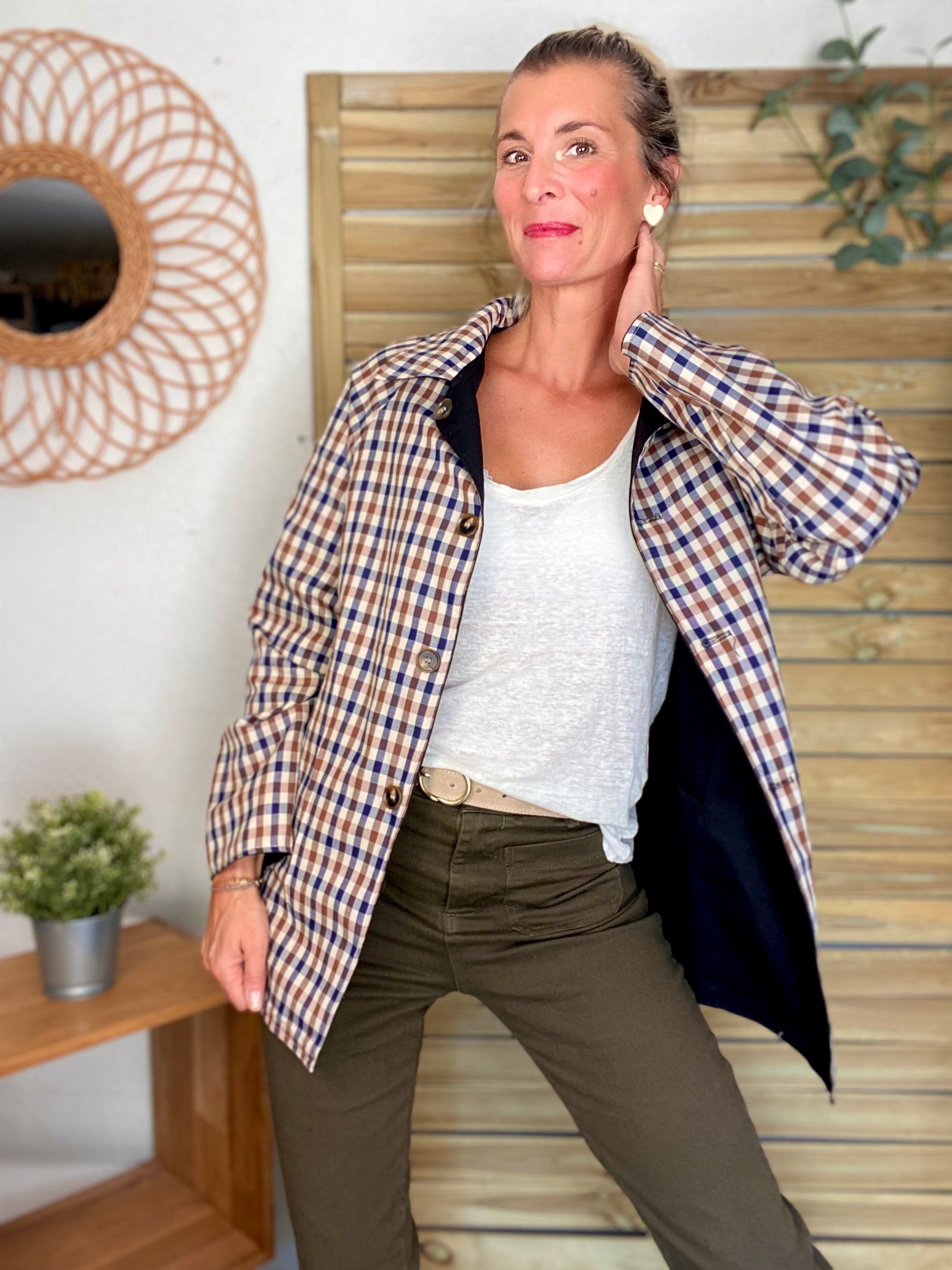 Veste Trench mi long réversible vichy LENA - Noir