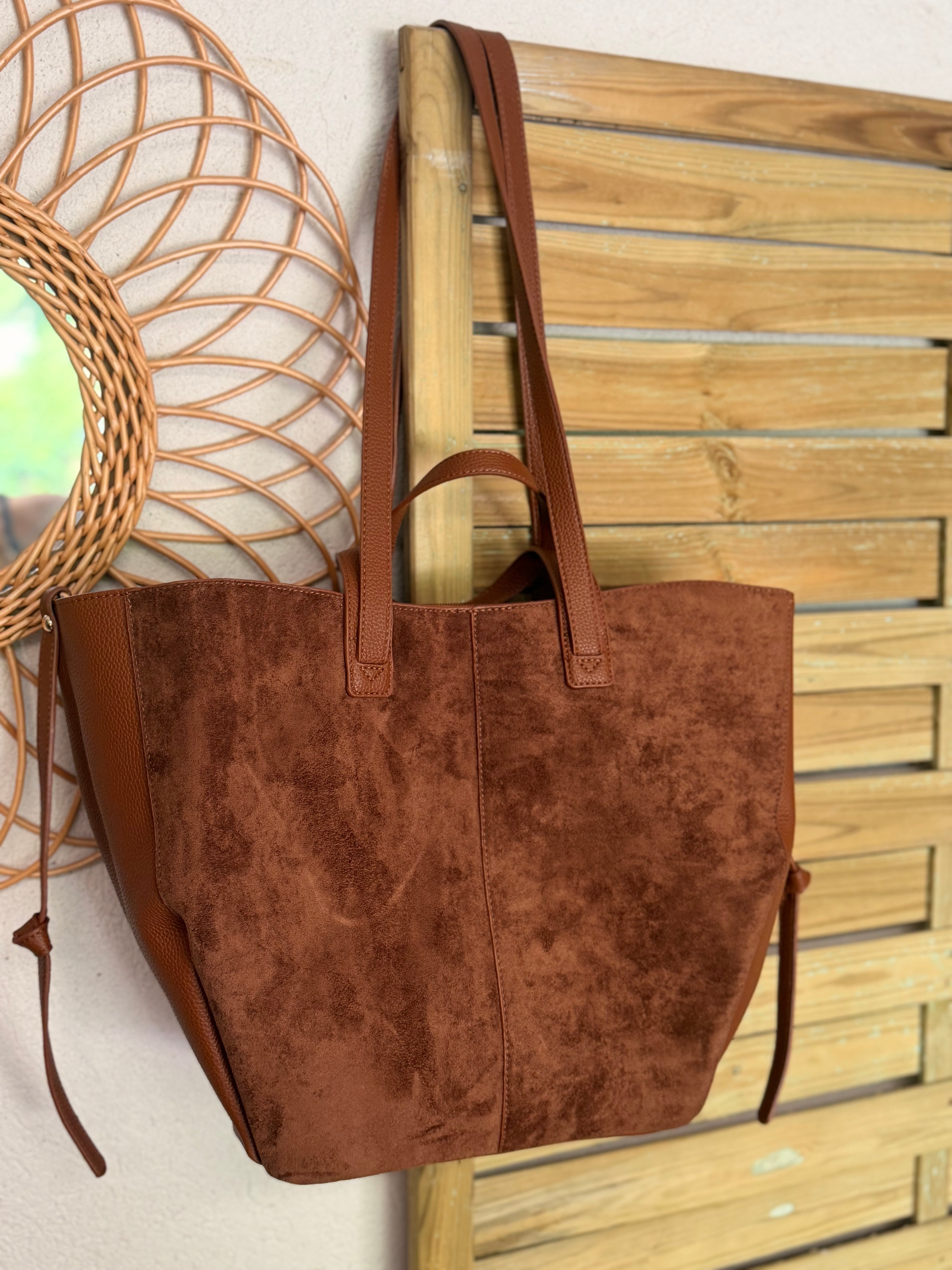Grand Sac cabas 2 en 1 en simili daim - LAURÈNE Camel