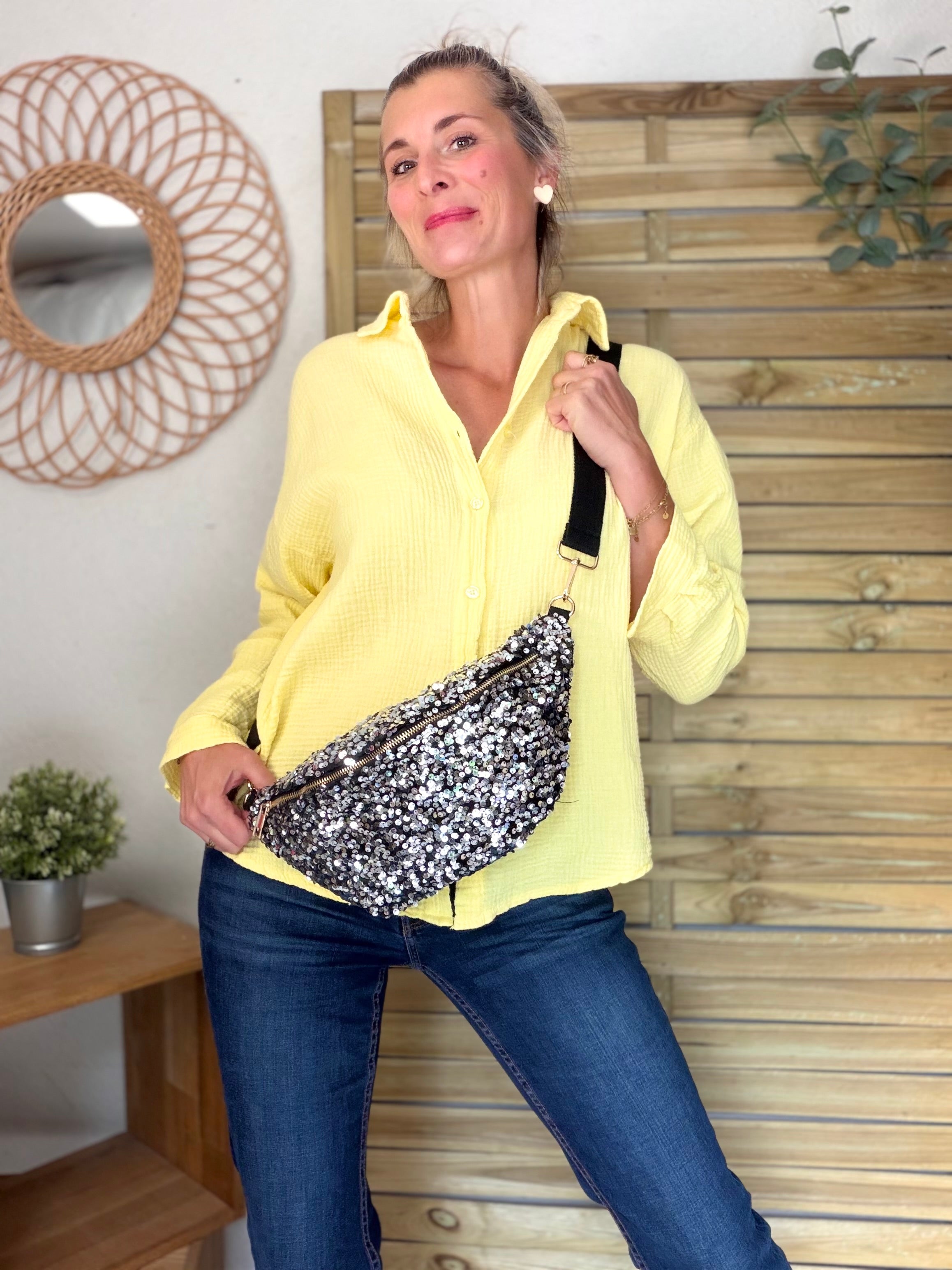 Sac banane L velours à sequins Ciao Boum- TAYLOR - Noir / Argent